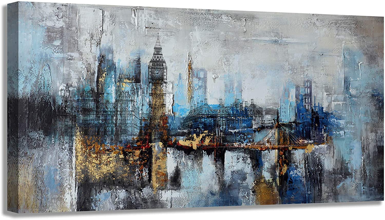 Large Abstract City View Canvas Wall Art - Modern Gray Blue Buildings Print for Bedroom, Living Room & Office Decor - 29x58 Inches - Perfect for Contemporary Home & Workspace Styling