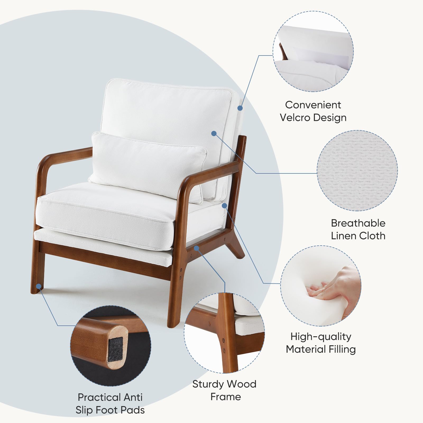DUMOS Mid Century Modern Accent Chair with Pillow Seat - Upholstered Lounge Chair with Solid Wood Frame & Soft Cushion - Comfortable Reading Armchair for Living Room, Bedroom, Office, Balcony - Beige Home Decor