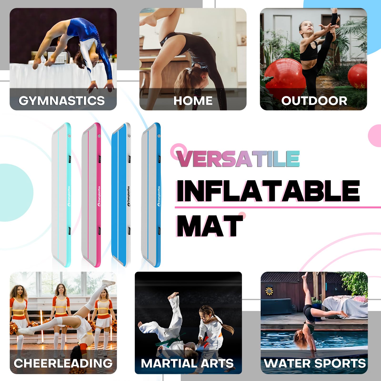 Inflatable Gymnastics Tumbling Mat - 4/8 Inch Thick Air Track Mat for Home Training, Cheerleading & Water Yoga - 10ft/13ft/16ft/20ft Sizes with Electric Pump - Perfect for Indoor/Outdoor Sports, Fitness & Kids Play