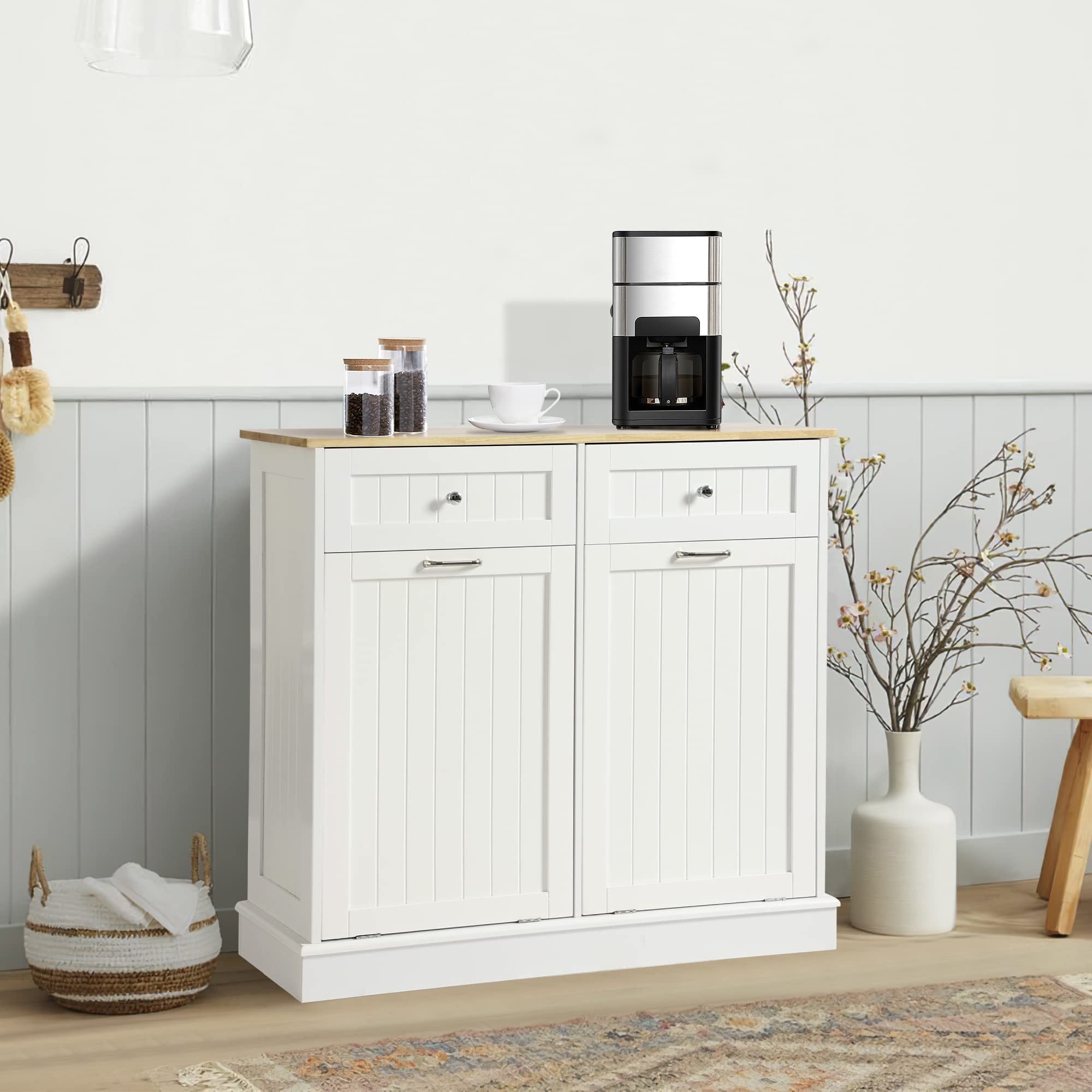 KIGOTY White Double Tilt Out Trash Cabinet - Pet Proof Kitchen Trash Can with Countertop, Drawer & Storage | Wooden Laundry Hamper for Kitchen Organization | Perfect for Small Spaces & Pet-Friendly Homes