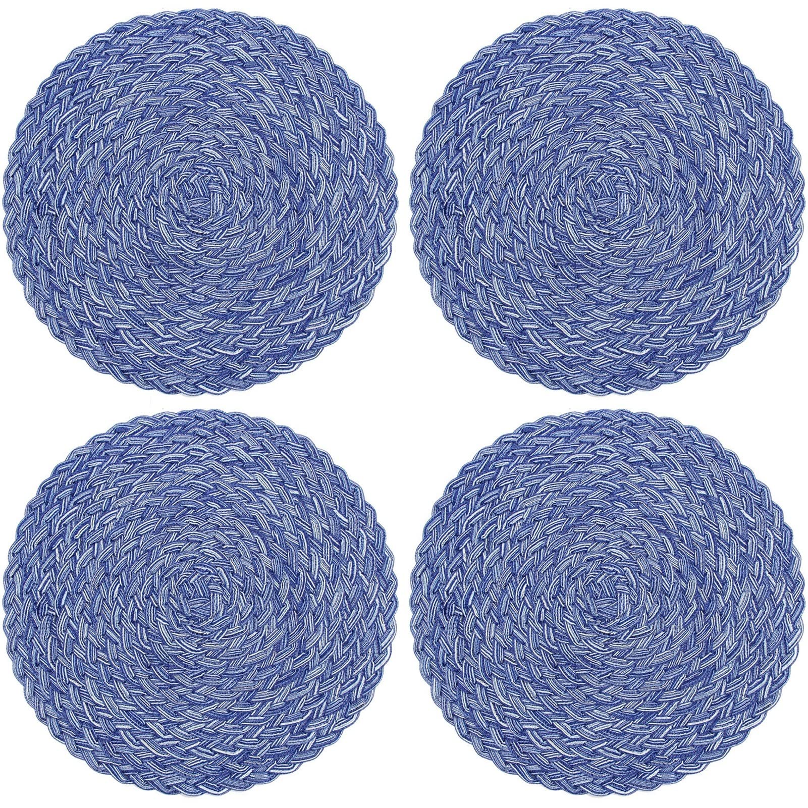 4-Pack Round Braided Placemats for Dining Table - Thick Heat Resistant Woven Ramie Cotton Table Mats - Indoor/Outdoor Use - 15 Inch Blue - Perfect for Dinner Parties, Picnics & Home Decor