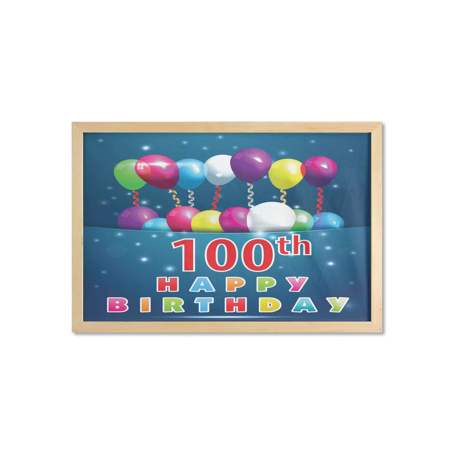 Ambesonne 100th Birthday Wall Decor - Colorful Balloon & Star Print Framed Fabric Poster (35