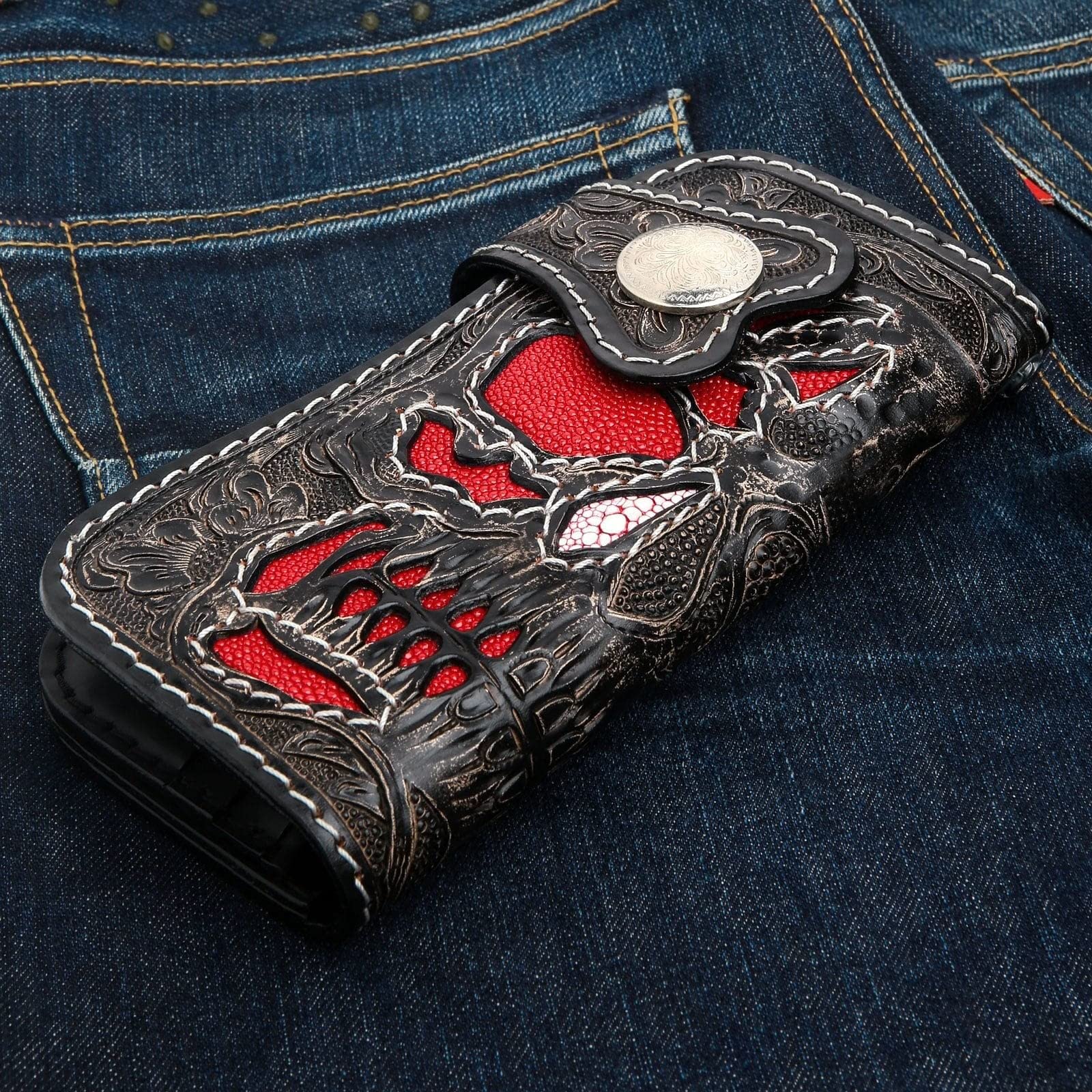 Handmade Skull Leather Biker Wallet for Men - Custom Engraved Black Leather Wallet - Perfect for Motorcycle Riders & Biker Gifts