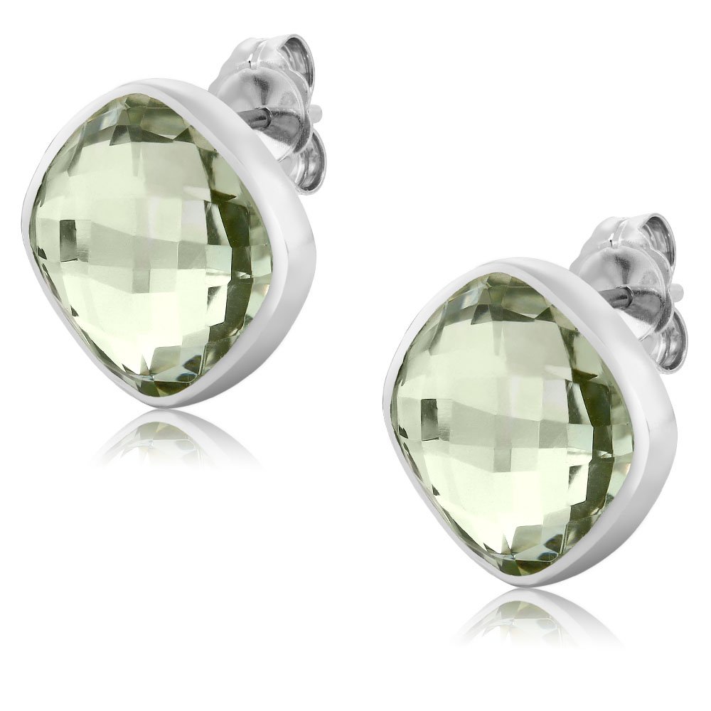 Gem Stone King 925 Sterling Silver Green Amethyst Stud Earrings for Women & Men (12.00 Cttw, Cushion Cut 12mm) - Elegant Jewelry Gift for Birthday, Anniversary & Special Occasions
