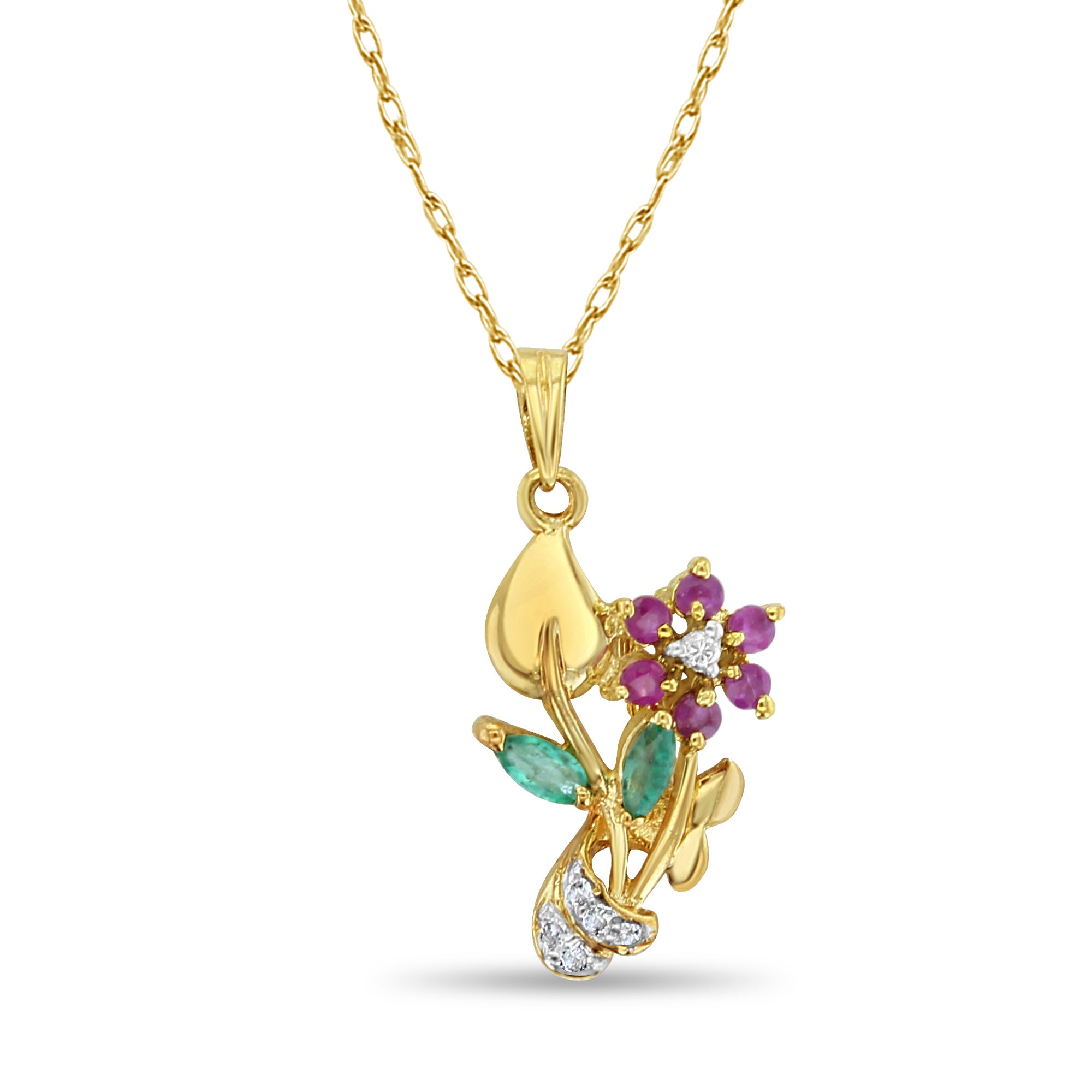 Exquisite 14K Yellow Gold Ruby, Emerald & Diamond Floral Necklace for Women - Perfect for Weddings, Anniversaries & Special Occasions
