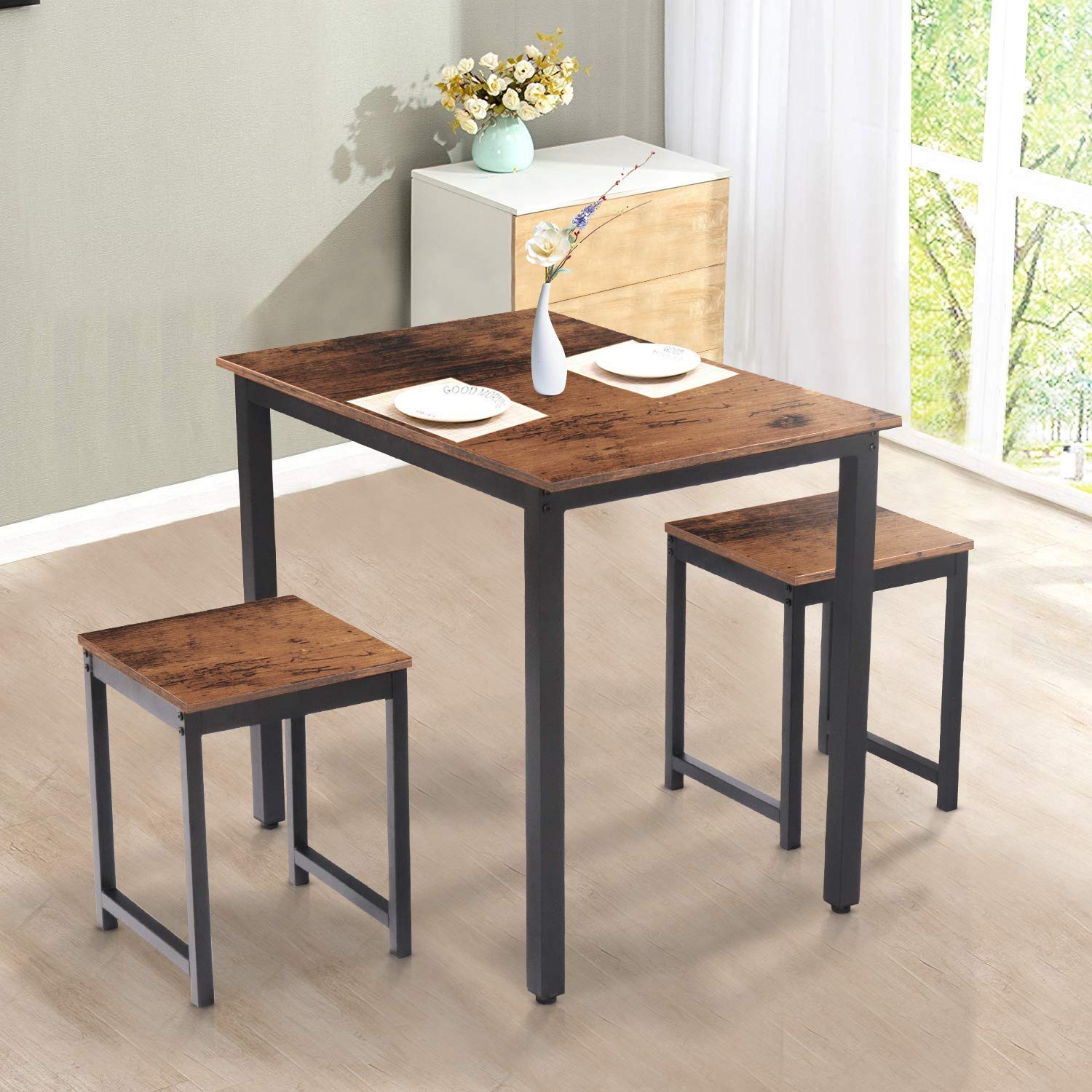 Modern 3-Piece Counter Height Dining Set - Wood Pub Table with 2 Metal Frame Bar Stools - Rustic Breakfast Nook Furniture for Small Spaces, Apartments & Home Kitchens | Perfect for Couples, Entertaining & Compact Living Areas