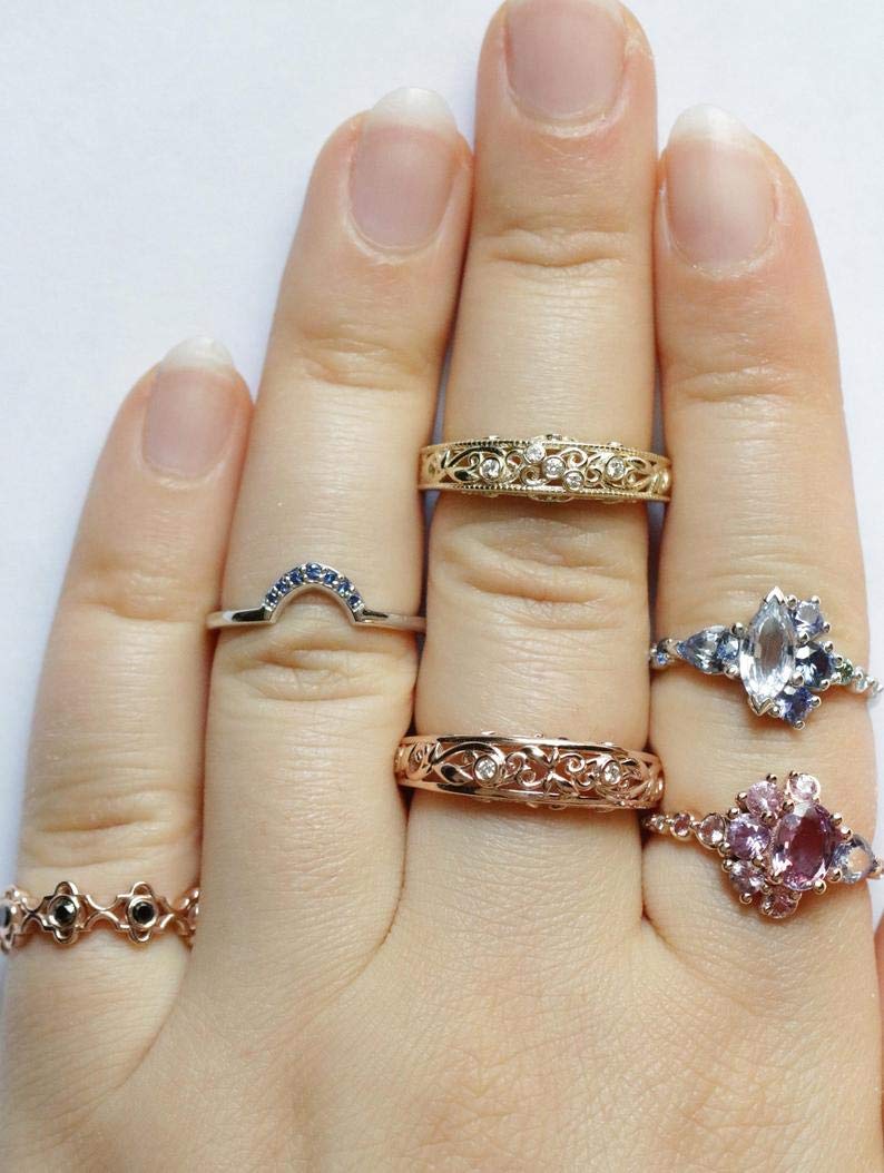 Sapphire Nesting Wedding Band - U-Shaped Curved Matching Ring Set for Bridal Jewelry & Anniversary Gifts | Perfect for Stacking with Engagement Rings