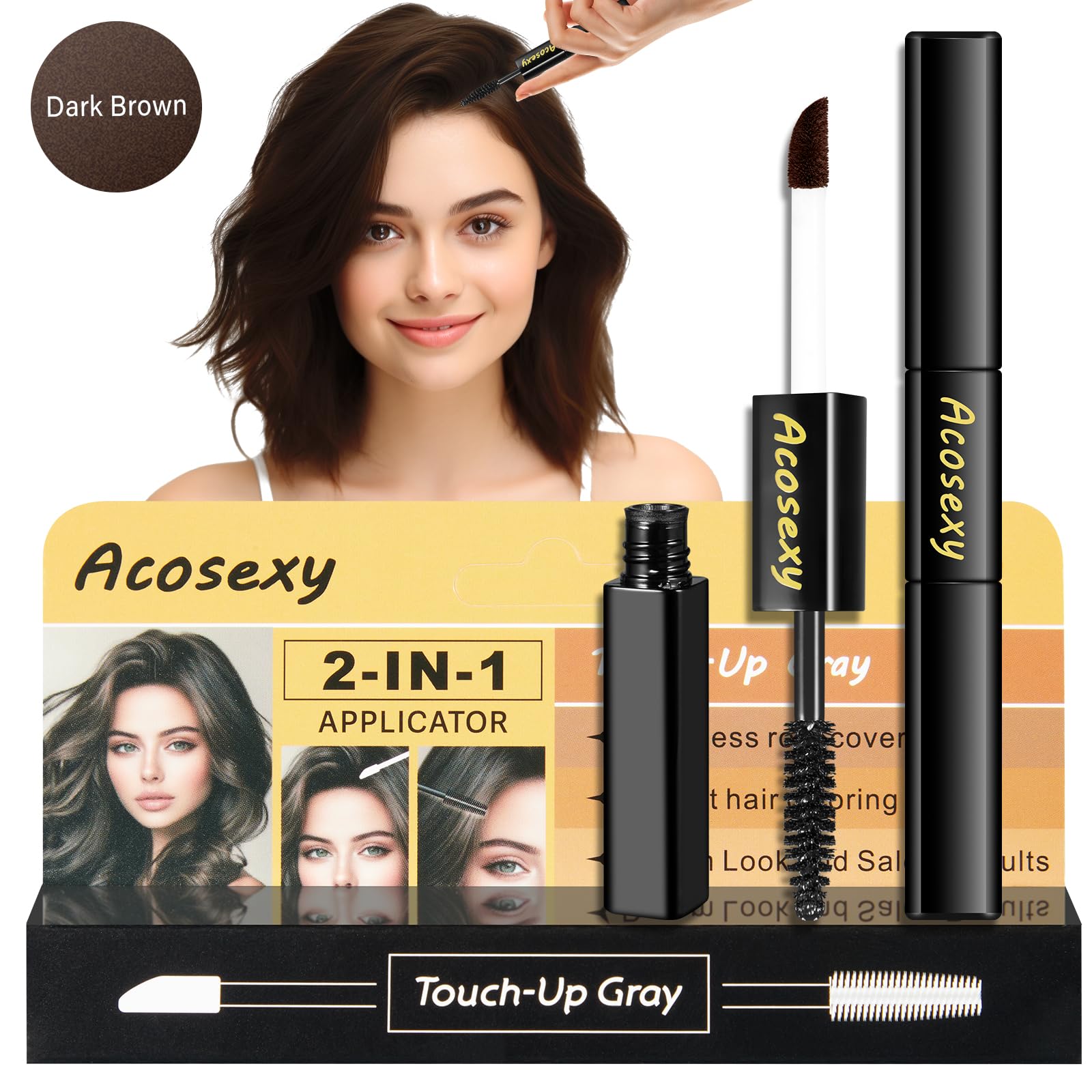 Gray Root Touch Up Brush-in Wand - Quick Cover Hair Root Rescue, Water-Resistant Temporary Concealer for Hair, Mustache & Beard (Dark Brown, 1 Pack) - Perfect for Travel, Work & Daily Touch-Ups