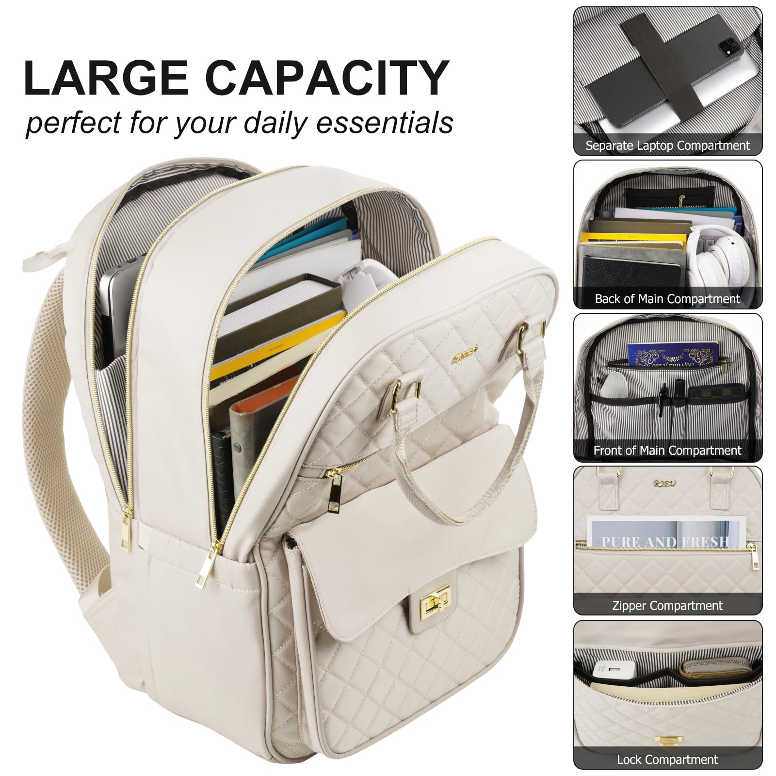 Stylish Women's Laptop Backpack for Travel, Work & College - Durable School Backpack for Teen Girls & Teachers - Perfect Ladies Gift (Beige) | Ideal for Commuting, Campus Life & Business Trips