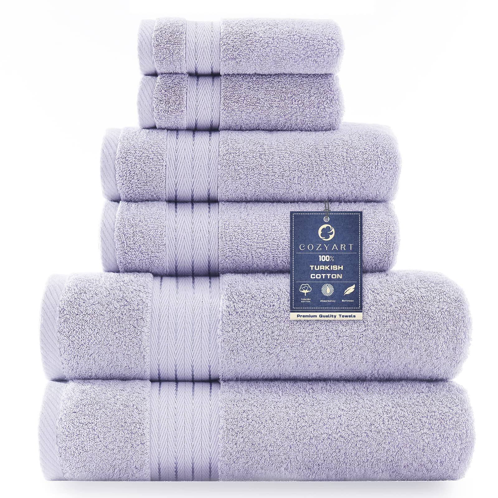 Luxury Lavender Bath Towel Set - 6 Piece Turkish Cotton Hotel Towels (2 Bath, 2 Hand, 2 Washcloths) 650 GSM for Spa, Bathroom & Guest Use - Ultra Soft & Absorbent Bulk Towels