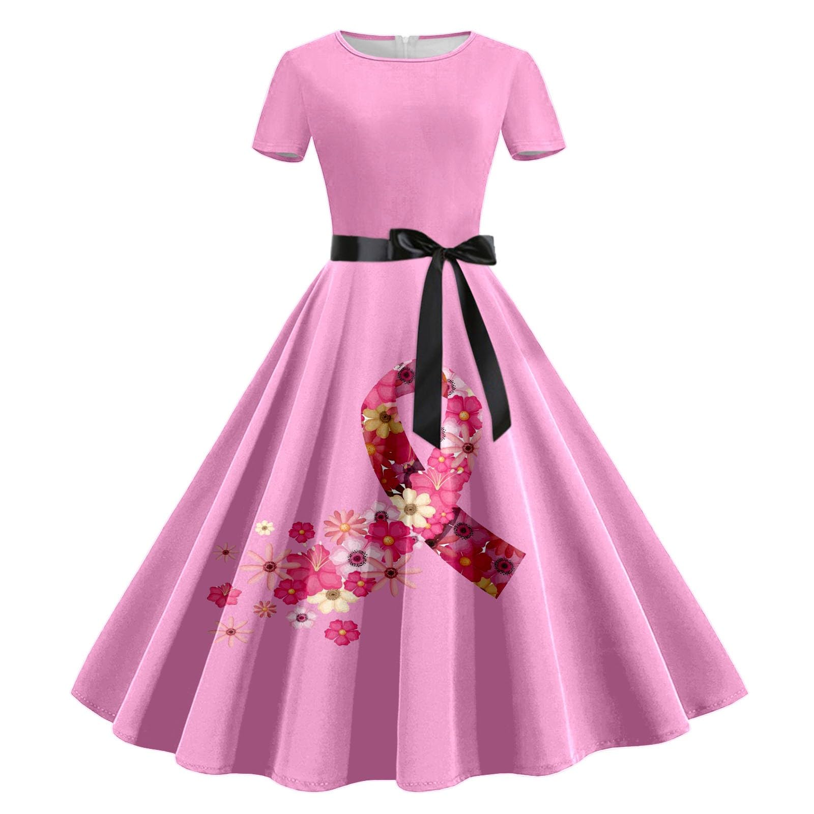 Breast Cancer Awareness Dress for Women - Pink Ribbon Print Sleeveless 1950s Vintage Dress for Survivors & Supporters | Perfect for Charity Events, Fundraisers & Awareness Campaigns