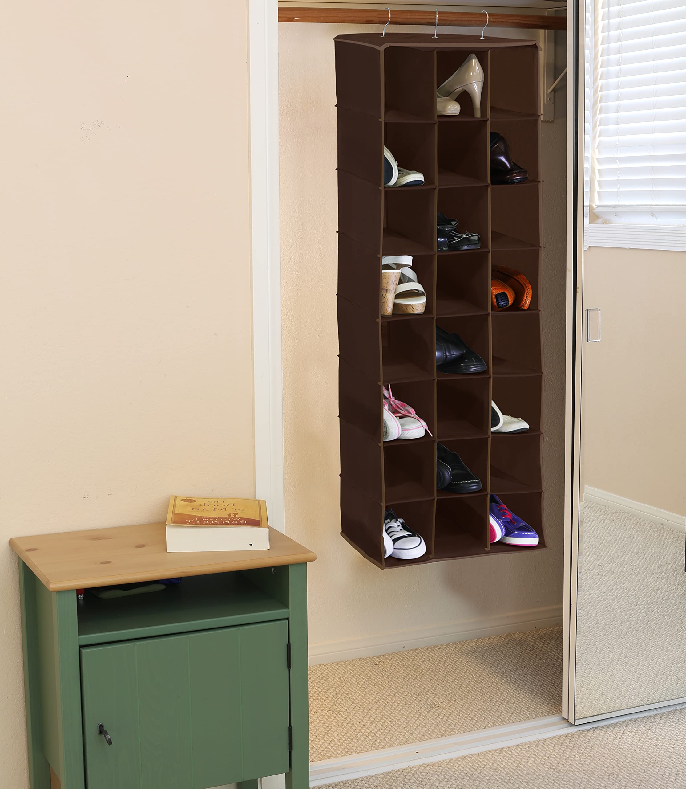 24-Section Hanging Shoe Organizer for Closet - Space Saving Brown Fabric Shoe Rack - Perfect for Bedroom, Dorm, Entryway & Small Space Storage