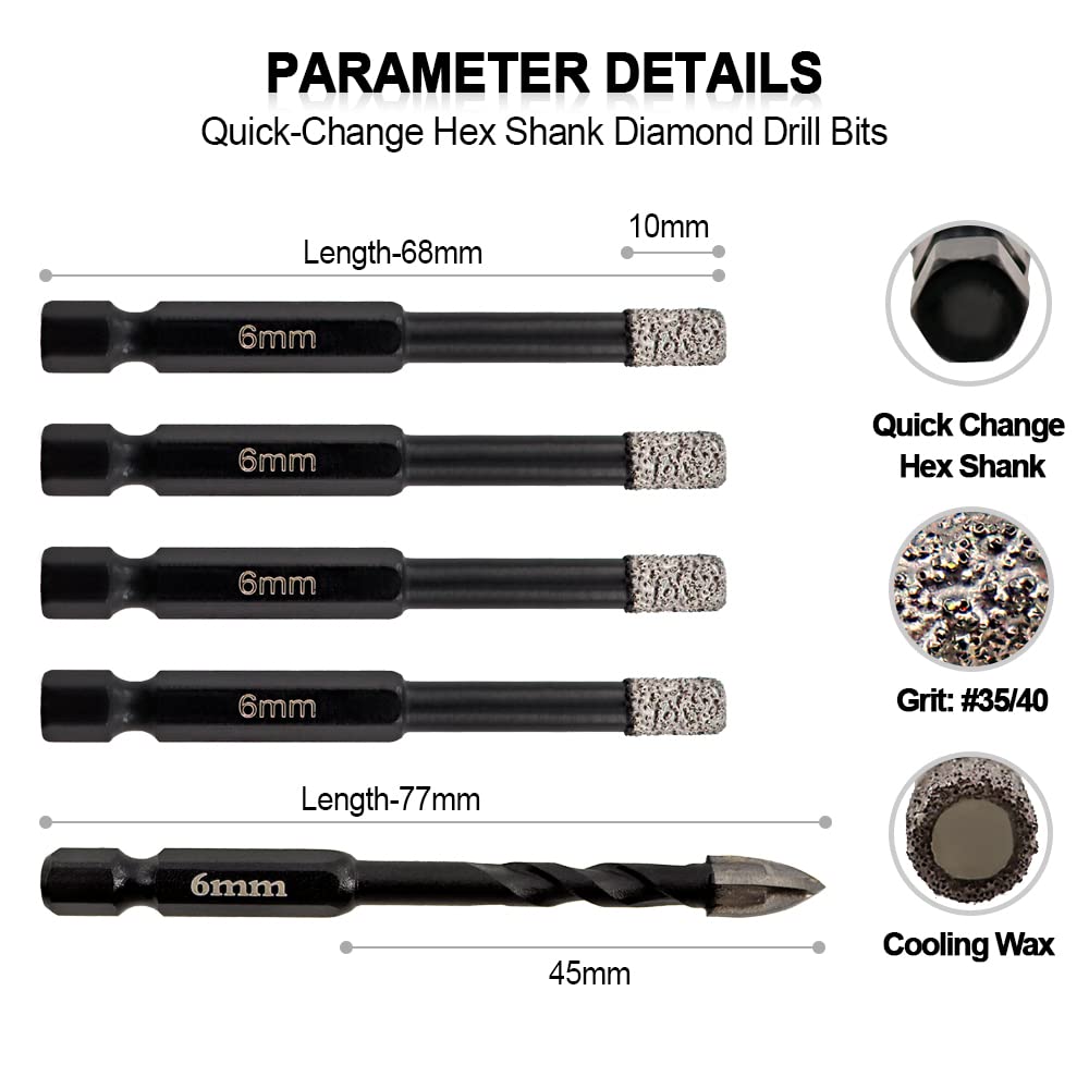 Premium SHDIATOOL 4-Piece Dry Diamond Drill Bit Set with 1/4-Inch Tile Core Bits & Carbide Drill Bit for Ceramic, Tile, Marble, Porcelain (6mm) - Perfect for Bathroom Renovations, Kitchen Backsplash Installations & DIY Home Projects
