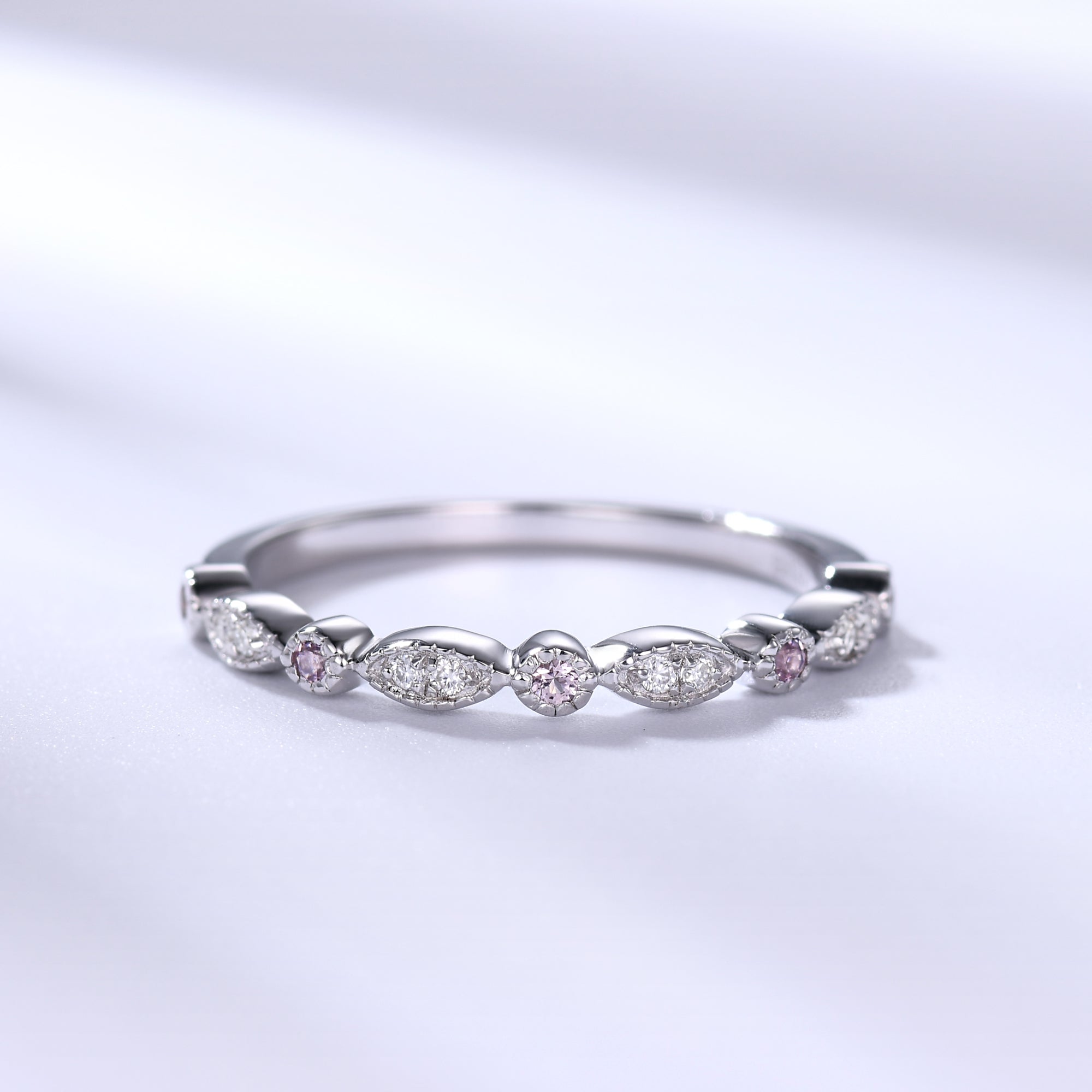 Exquisite Pink Sapphire & Diamond Wedding Ring - 14K Solid White Gold Half Eternity Band for Women | Perfect Anniversary, Engagement & Bridal Jewelry Gift for Her | Elegant for Weddings, Date Nights & Special Occasions