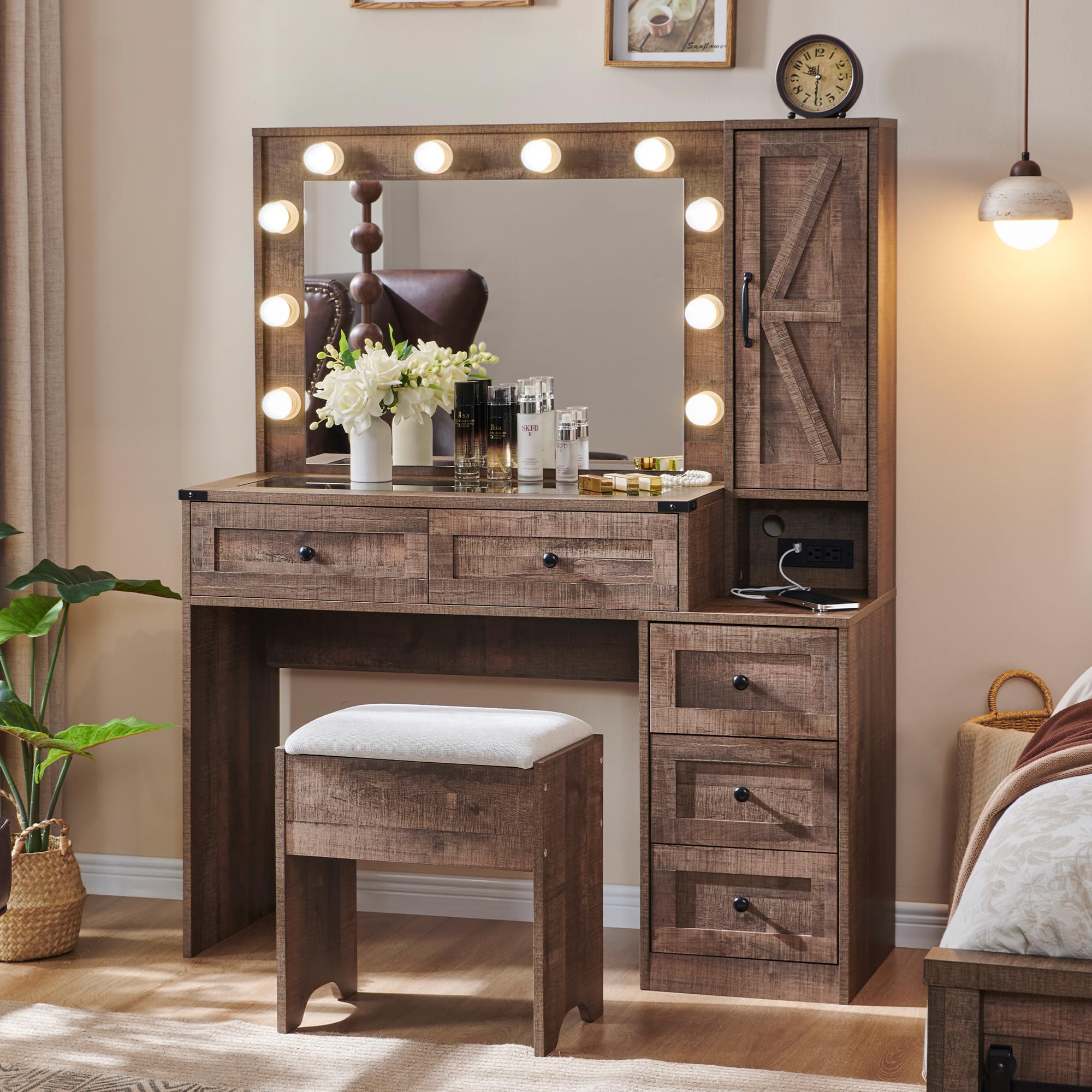 Farmhouse Vanity Makeup Desk with LED Mirror, USB Charging Station & Stool - 43
