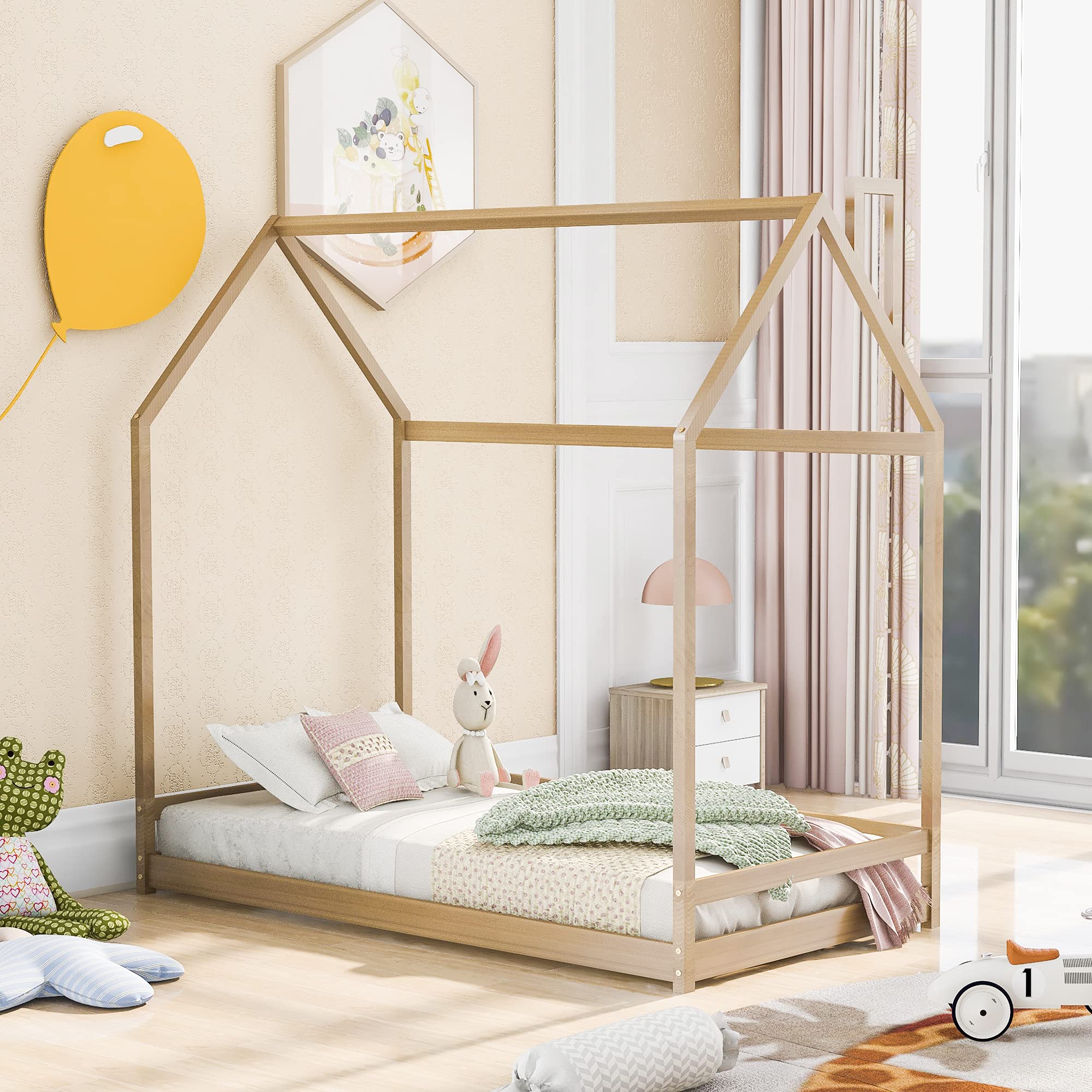 **Kids House Bed Twin Size with Roof - Wooden Bed Frame for Toddlers, Teens, Boys & Girls - Easy Assembly (Natural) - Perfect for Bedrooms, Playrooms & Sleepovers**