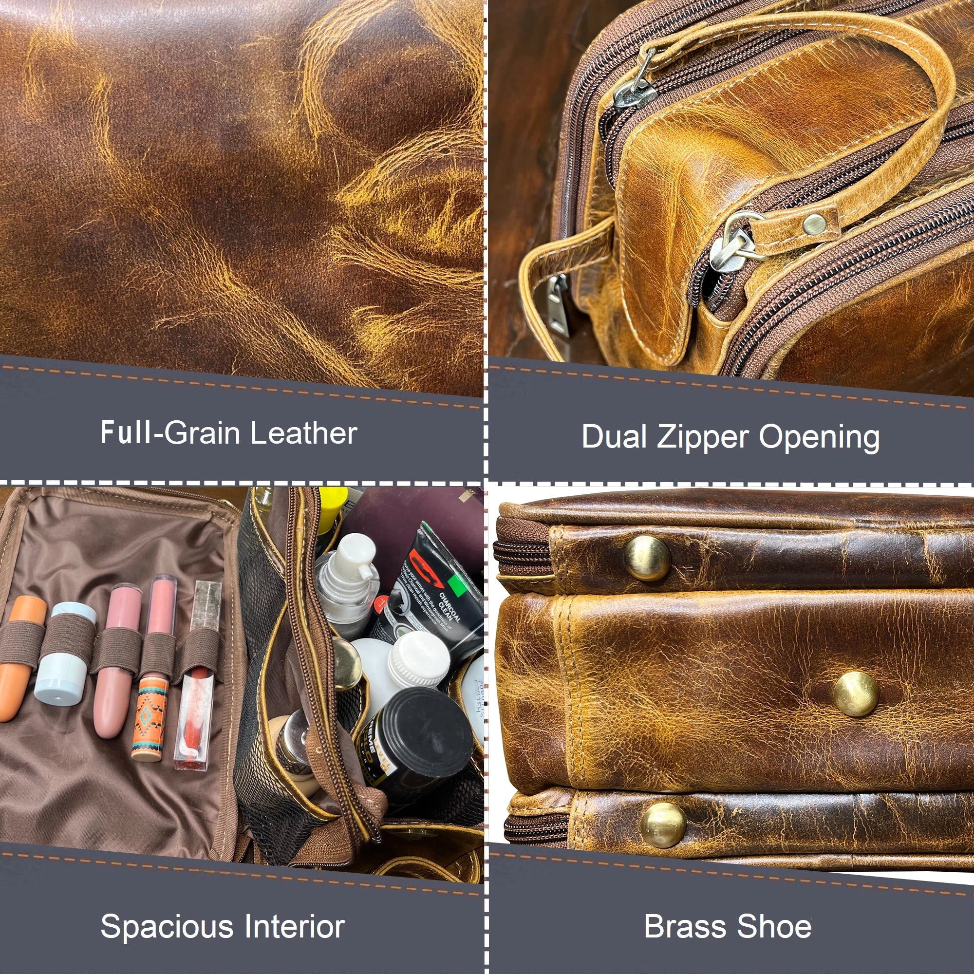 Premium Leather Toiletry Bag for Women & Men - Rustic Town Travel Cosmetic Organizer - Perfect for Vacation, Business Trips & Gym Essentials Storage