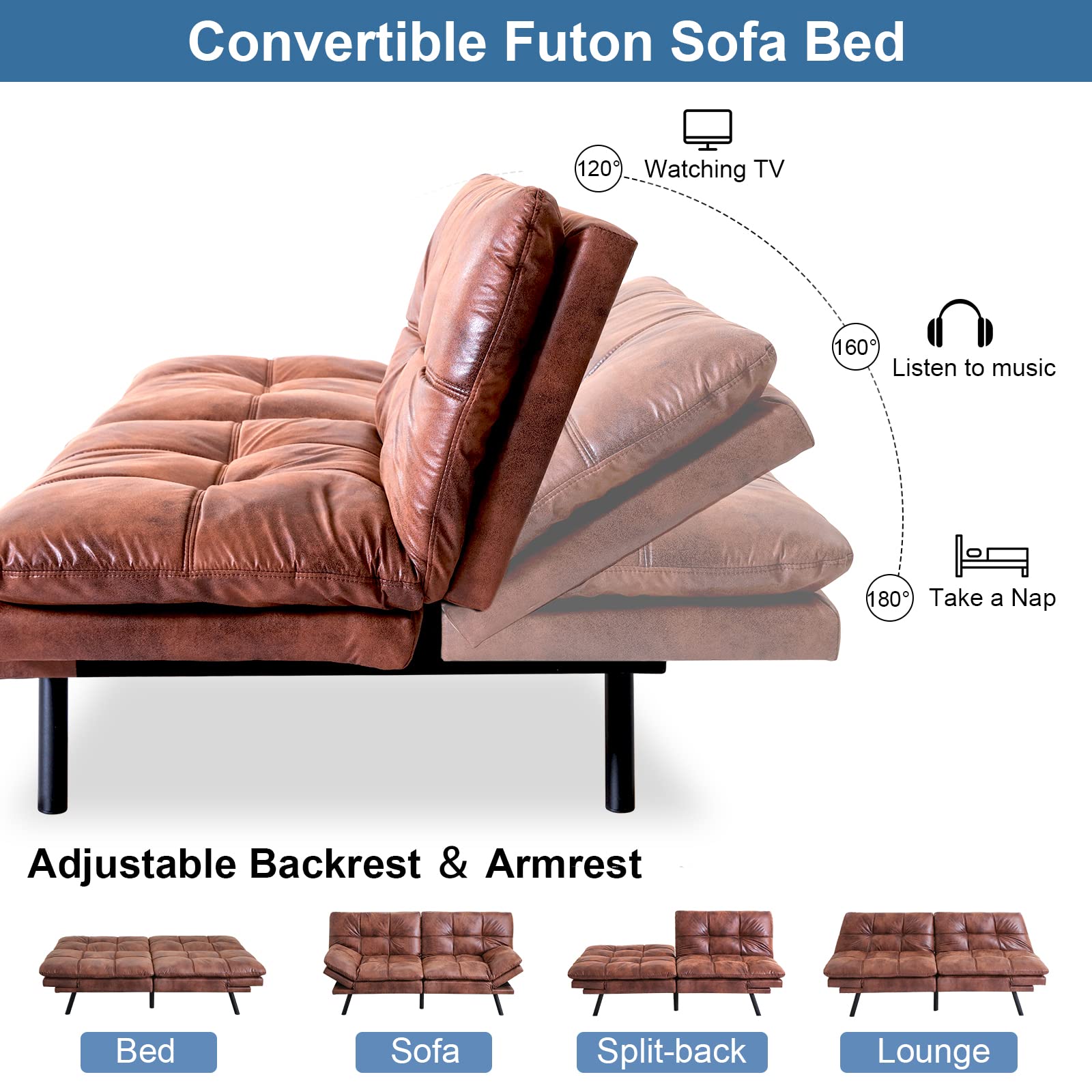 MUUEGM Convertible Futon Sofa Bed with Memory Foam - Modern Sleeper Loveseat Couch for Small Spaces - Easy Assembly Black Futon for Apartments, Living Rooms & Guest Rooms - Perfect for Studio, Dorm & Office Napping