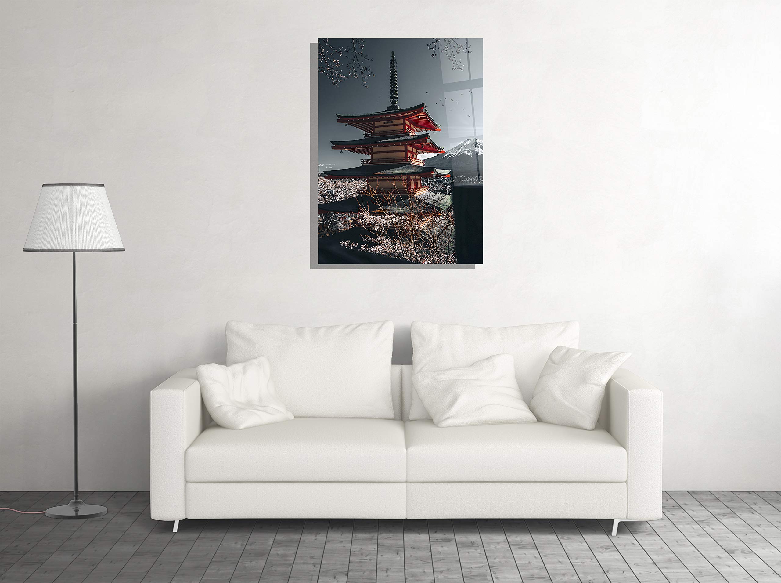 Japanese Sakura Blossom Tree & Mountain Landscape Art Print - 16x24 Inch Tempered Glass Wall Decor for Home, Office, Hotel & Meditation Rooms | Modern Zen Decor Gift for Japanese Style Interior Design & Cultural Spaces | Perfect for Living Room, Bedroom, Spa & Yoga Studio Decor