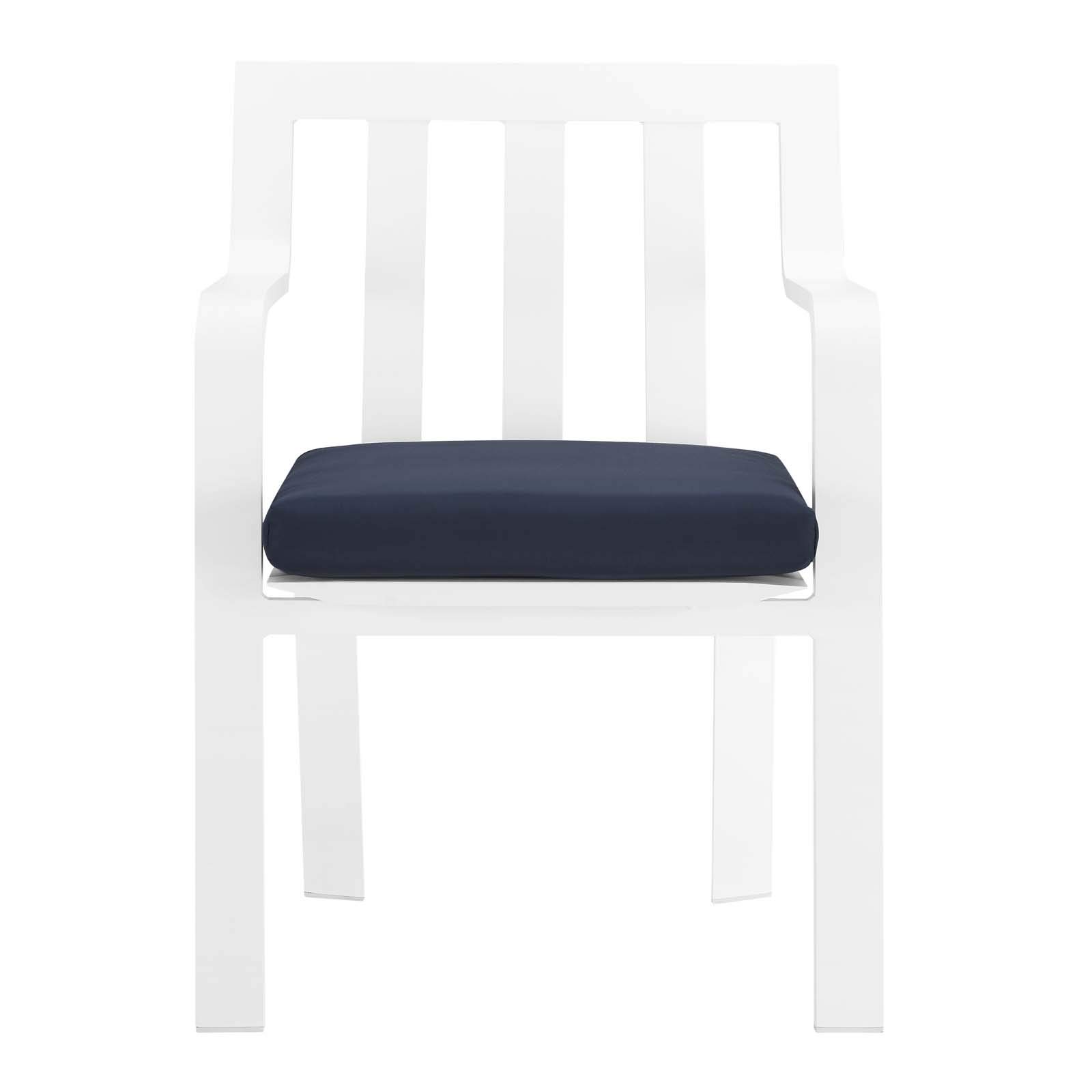 Modern Outdoor Patio Dining Armchair - Water-Resistant Navy Blue & White Fabric with Aluminum Frame - Perfect for Garden, Poolside, and Backyard Relaxation