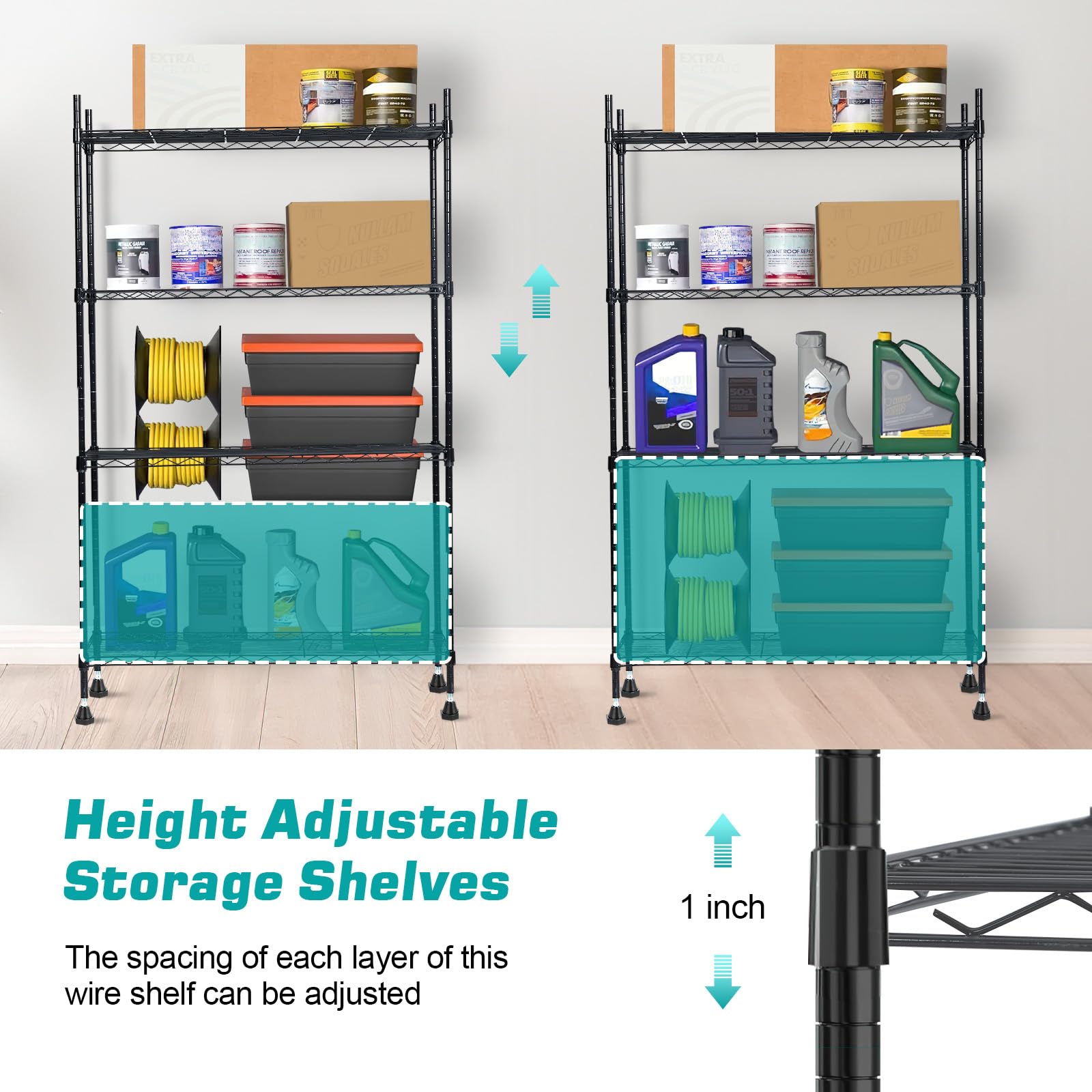GARVEE 4-Tier Adjustable Heavy Duty Metal Storage Shelving - Cold Rolled Round Tube Steel, Durable Space-Saving Shelves for Garage, Kitchen, Office & Warehouse Organization