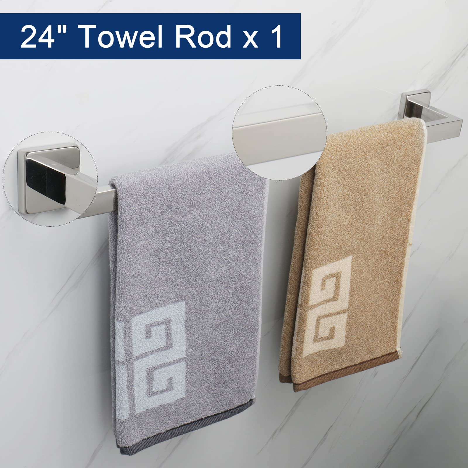 NearMoon 5-Piece Bathroom Hardware Set - 304 Stainless Steel Square Towel Rack Kit with 24