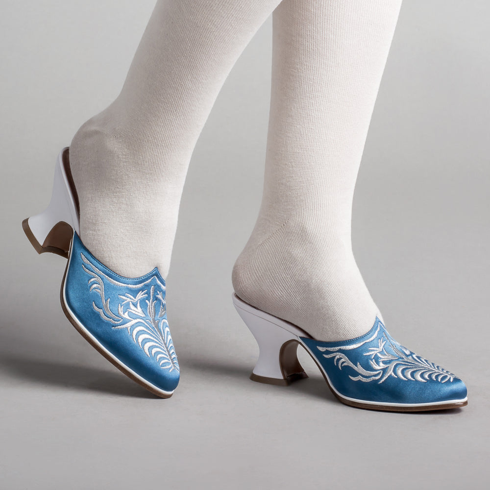 Antoinette 18th Century French Blue Mules - Vintage Baroque Style Women's Shoes for Historical Reenactments & Themed Parties