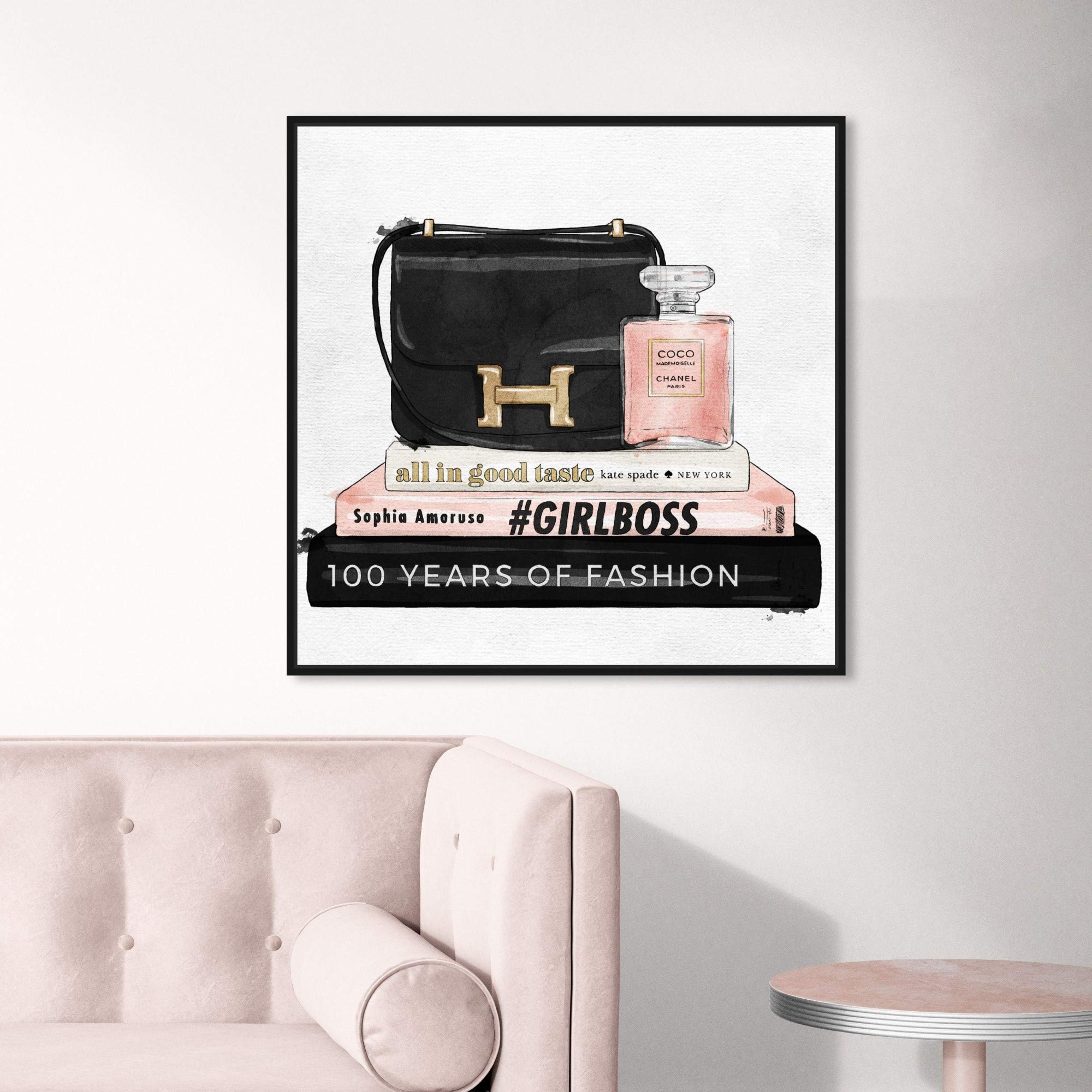 Oliver Gal Artist Co. 'My Always Essentials' Fashion Glam Wall Art - 24x24 Inch Framed Canvas Print in Black & Pink - Perfect for Handbag Lover Home Décor & Bedroom/Office Wall Decor