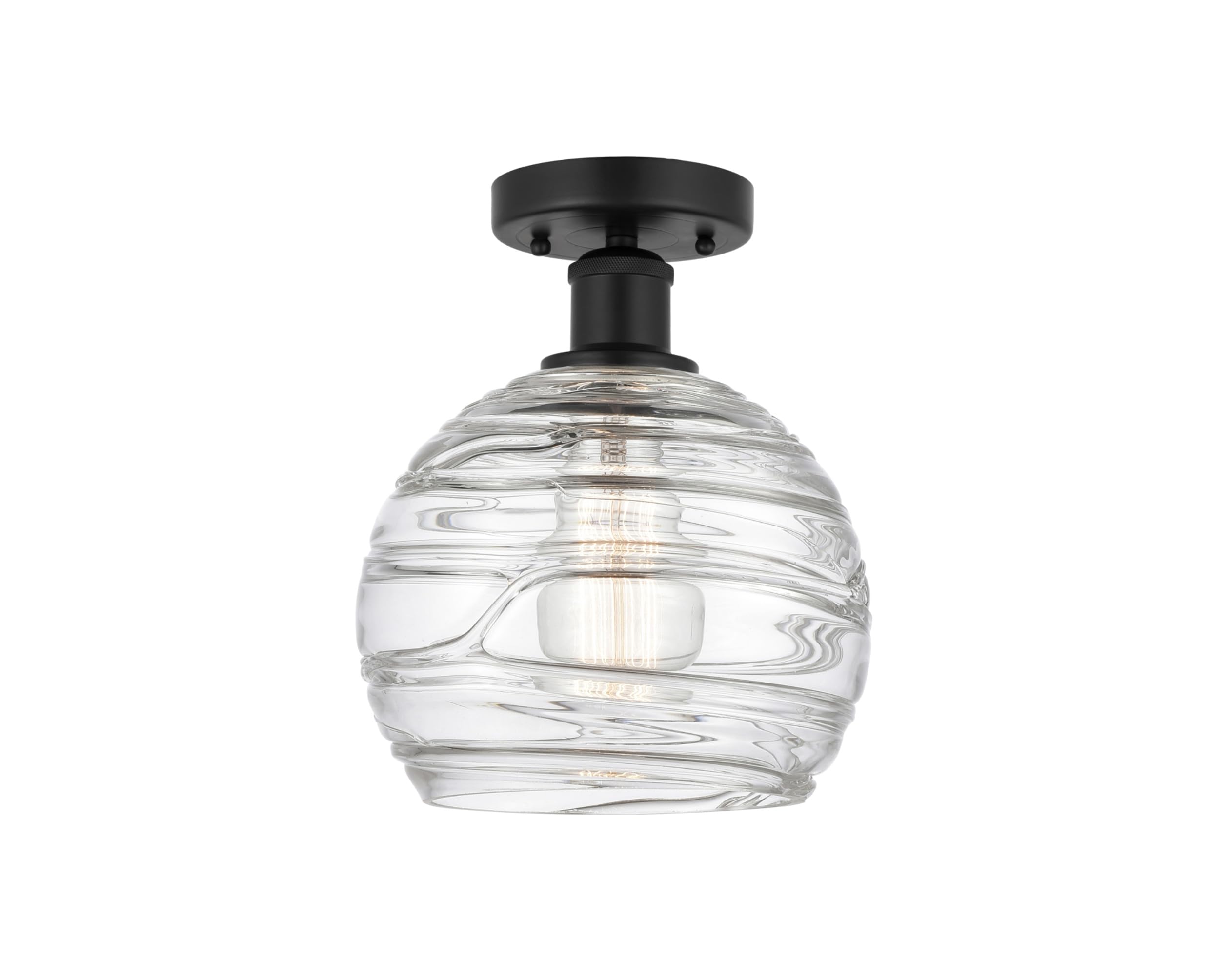 Edison Athens 8-Inch Semi-Flush Mount Light Fixture - Matte Black with Clear Deco Swirl Glass Shade - Vintage Inspired Ceiling Light for Dining Room, Bedroom or Entryway