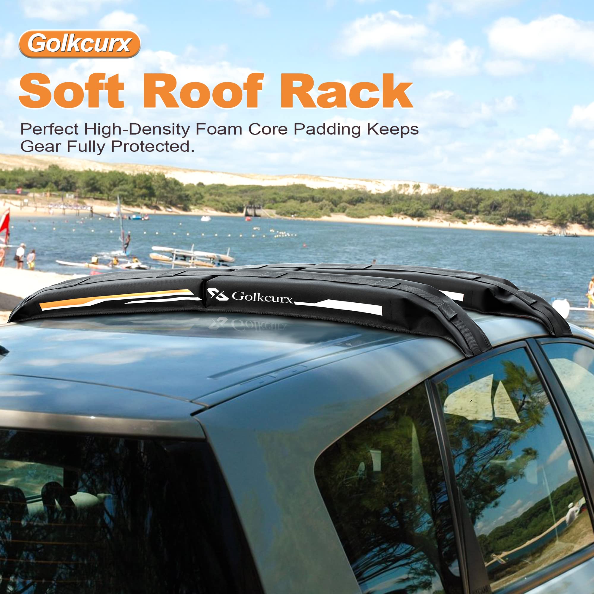 **Golkcurx Universal Soft Roof Rack Pads for Kayak, Surfboard, SUP, Canoe, Snowboard – 15FT Tie-Down Straps (2 Pack) & Storage Bag Included – Waterproof & Non-Slip – Perfect for Outdoor Adventures, Camping, and Travel (Black)**