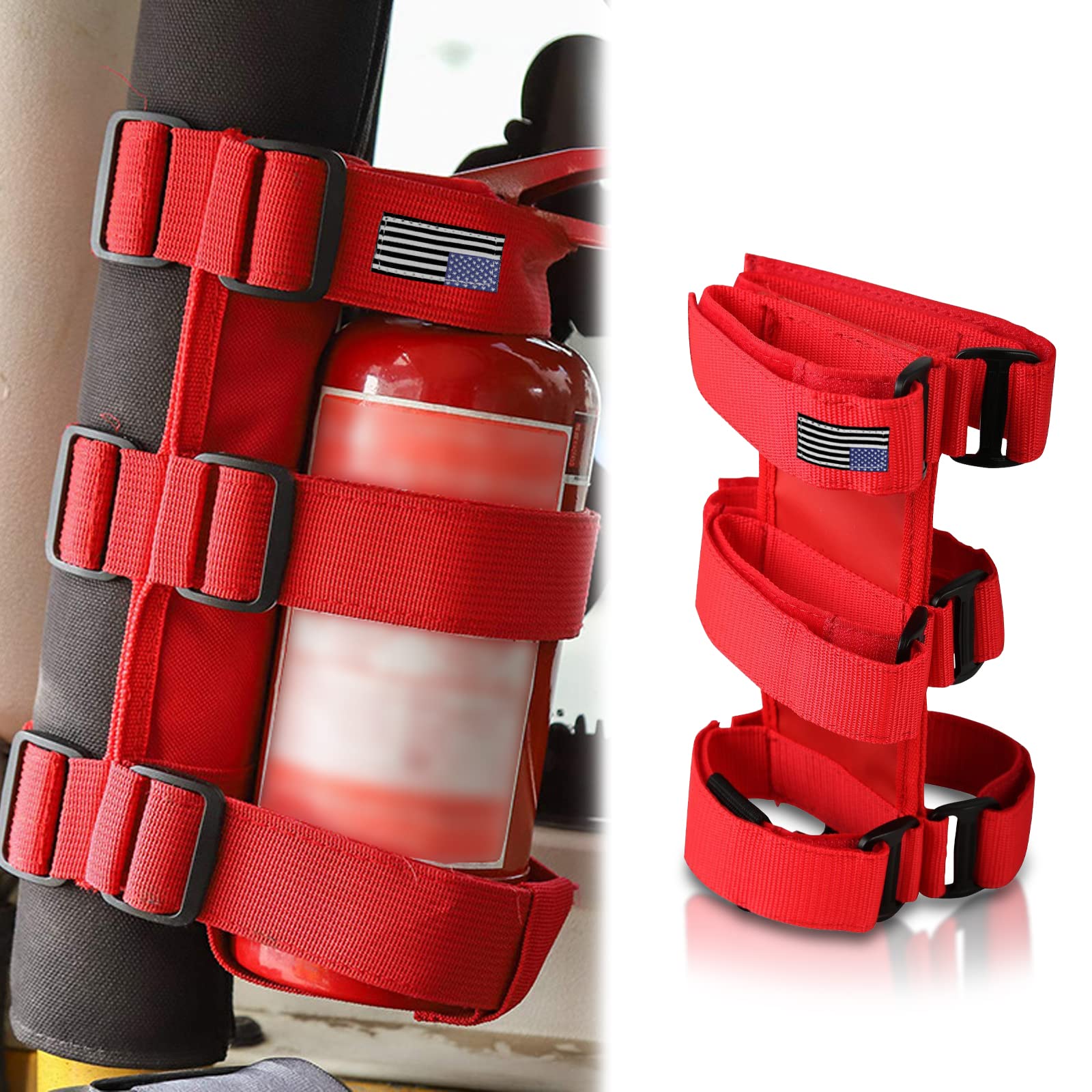 Universal Fire Extinguisher Holder for Jeep Wrangler 1965-2022 JK JKU TJ CJ Gladiator - Adjustable Roll Bar Mount with American Flag Pattern (Red) - Perfect for Off-Road Adventures & Emergency Safety