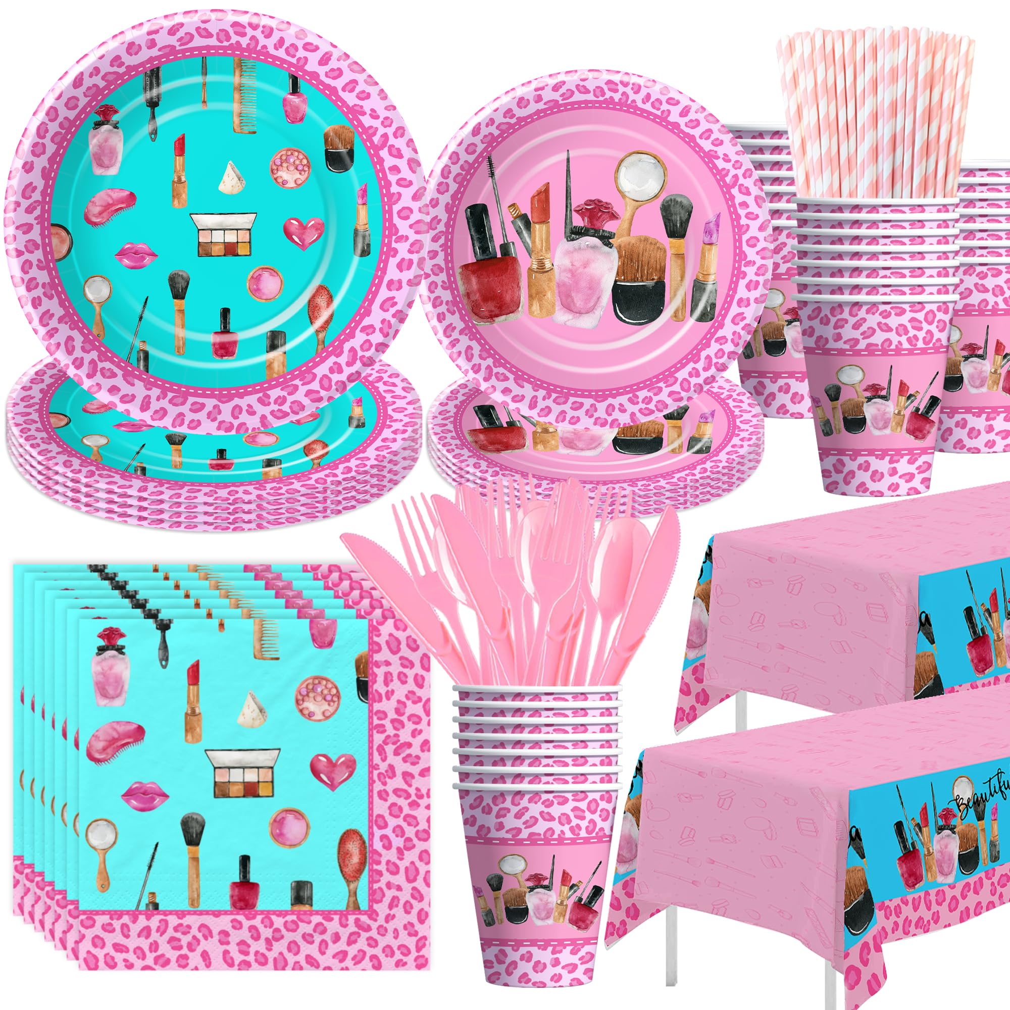Girls Spa Birthday Party Supplies - Spa Makeup Theme Party Decorations Set with Plates, Cups, Napkins, Tablecloth & Cutlery | 24-Piece Dinnerware for Spa Day Celebrations, Bridal Showers & Girls Night In