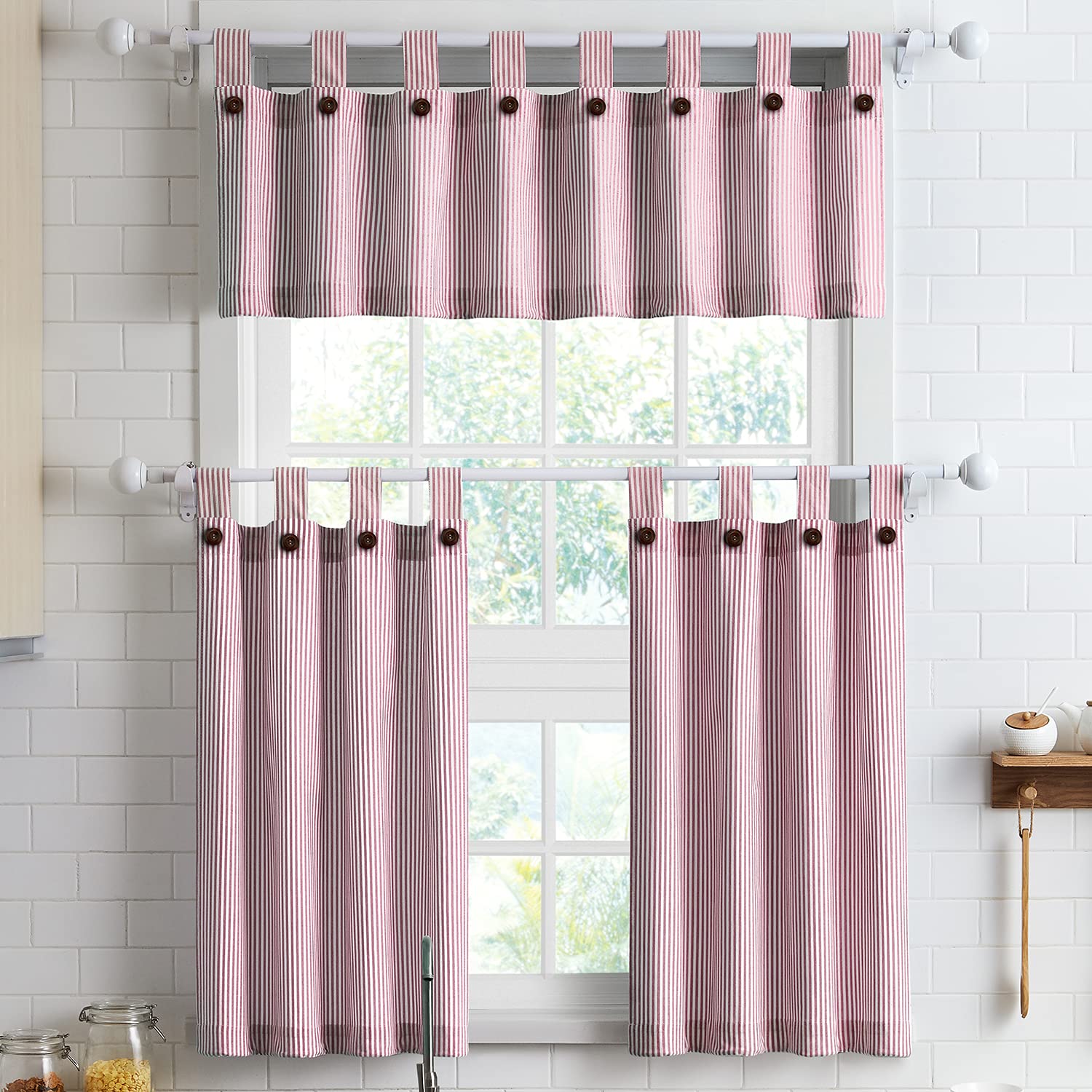 July Joy Cotton Kitchen Curtain Set - Light Filtering Tab Top Valance & Tiers with Ticking Stripe for Privacy, Perfect for Cafe, Kitchen, Bathroom, and Living Room Windows