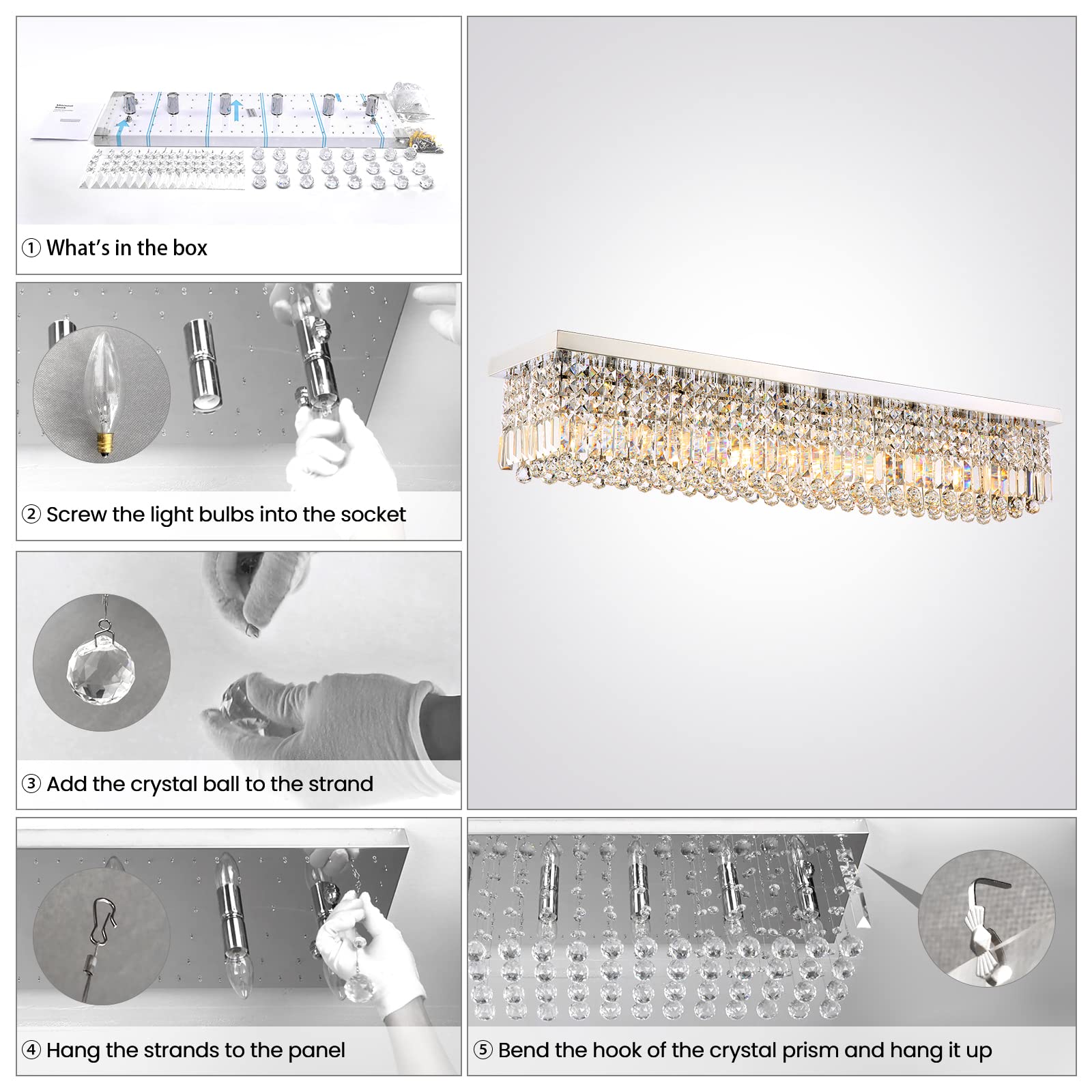 Siljoy Modern 10-Light Crystal Chandelier - Rectangular Flush Mount Ceiling Light Fixture with K9 Crystal Raindrops - 47