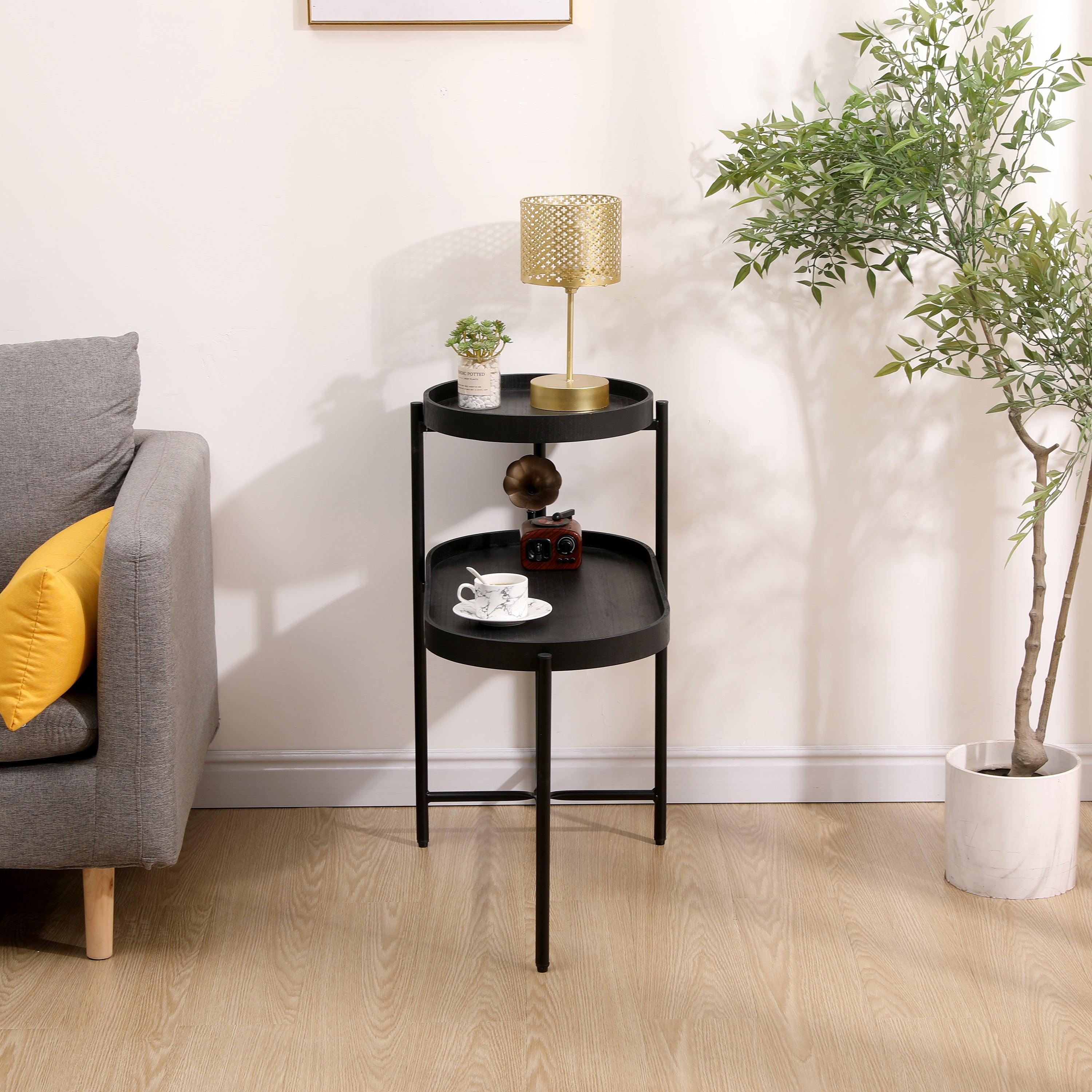 2 Tier Black Side Table with Storage - Metal Frame & Wooden End Table for Living Room, Bedroom, Office - Perfect Sofa Table, Nightstand, or Coffee Table Organizer