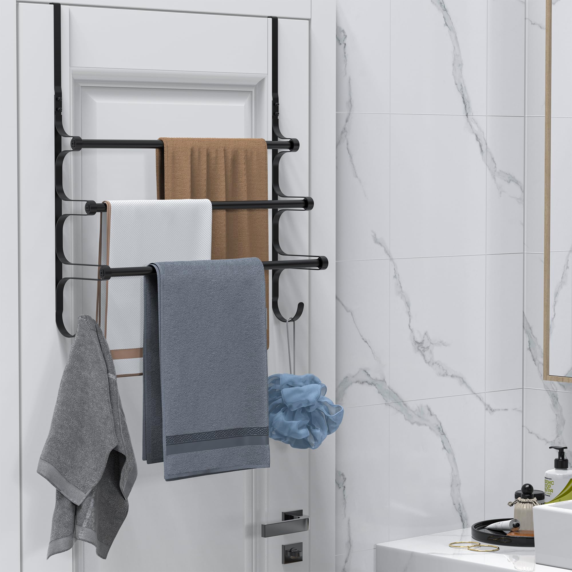 Over The Door Towel Rack - Triple Towel Storage Holder with Hooks for Bathroom, Kitchen & Laundry Room - Space Saving Matte Black Organizer (17.32