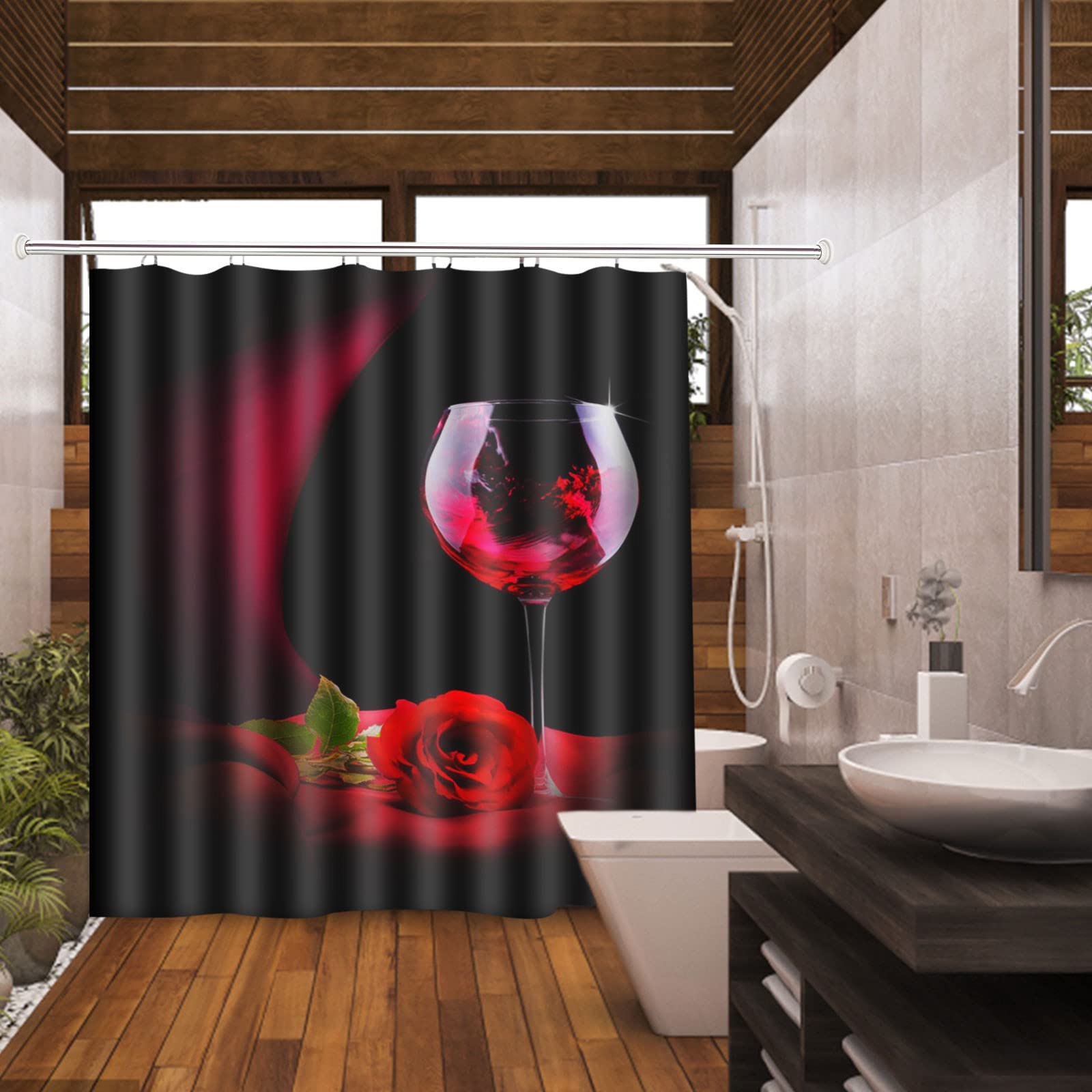 Romantic Red Rose and Wine Shower Curtain Set with 12 Hooks - Waterproof Polyester Fabric Bathroom Decor - 71x71 Inches (Black) - Perfect for Valentine's Day, Anniversary Gifts & Couples' Bathroom Decor