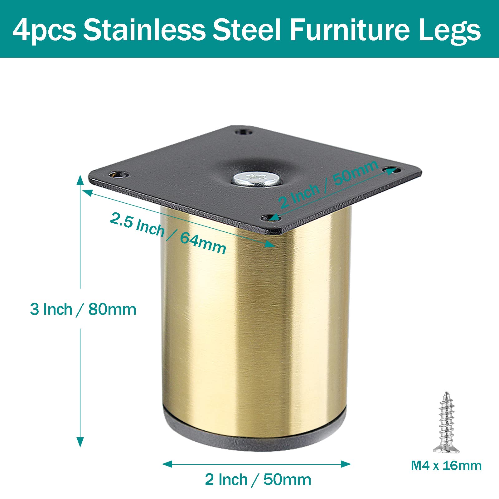4-Pack Stainless Steel Furniture Legs 3 Inch (80mm) - Gold Cabinet Feet for Sofa, Vanity Desk, Dresser, Shelf, Futon, Coffee Table & Nightstand | Durable Replacement Couch Legs & Ottoman Supports for Home & Office Furniture