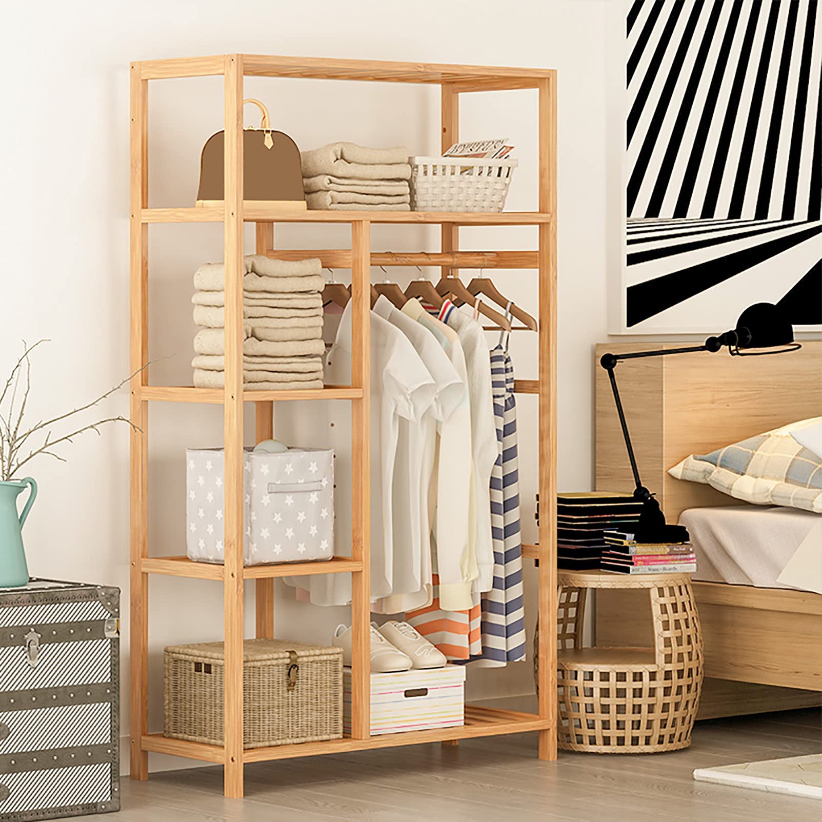 5-Tier Bamboo Wood Clothing Rack with Shelves - Heavy Duty Garment Organizer for Minimalist Wardrobe | Perfect for Bedroom, Closet & Laundry Room Storage