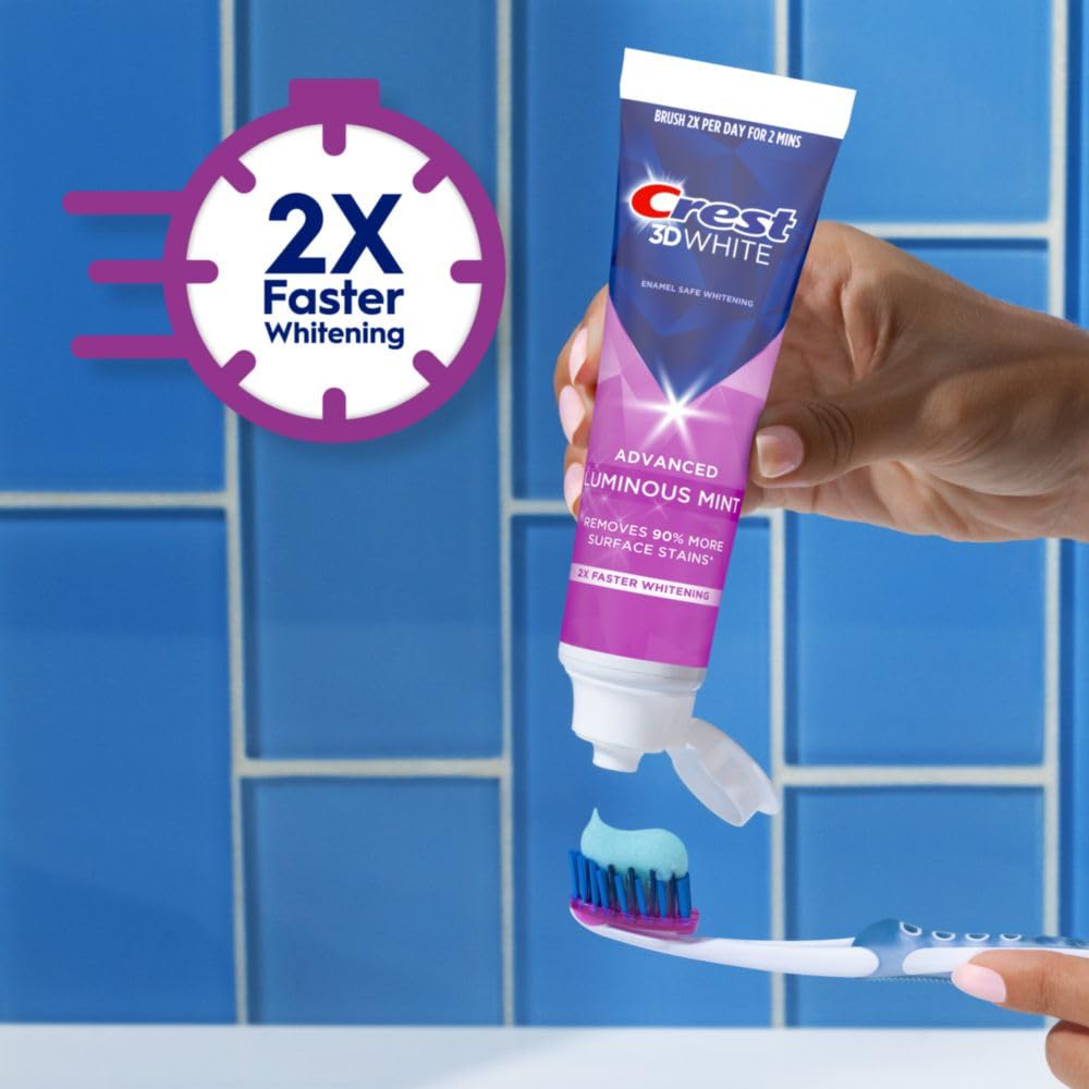 Crest 3D White Advanced Luminous Mint Teeth Whitening Toothpaste - 4 Pack (3.7 oz Each) | Removes Stains, Whitens Teeth, Strengthens Enamel & Fights Cavities | Perfect for Daily Oral Care & Bright Smiles