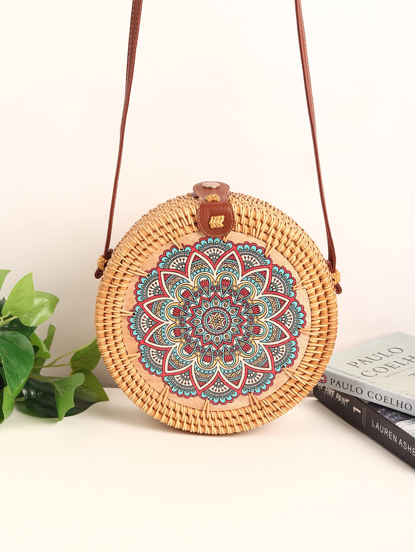 Habere India Handmade Rattan Sling Bag - Bohemian Beach Tote with Mandala Design | Eco-Friendly Woven Bali Bag for Women | Perfect for Travel, Vacation & Festival Use