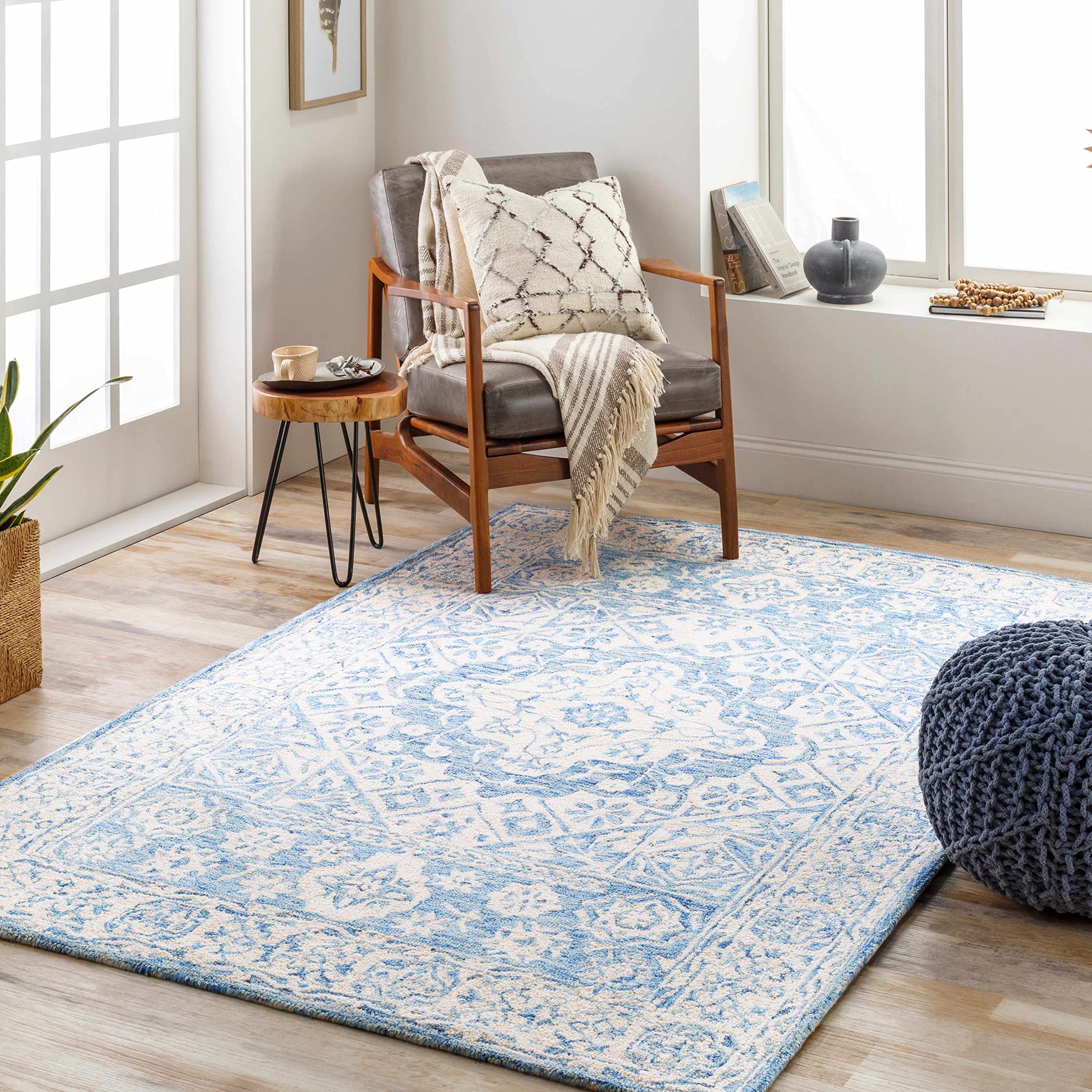 Hauteloom Devine Wool Area Rug 4' x 6' - Traditional Blue & Ivory Handmade Rug for Living Room, Bedroom - Soft & Durable Home Decor for Cozy Spaces