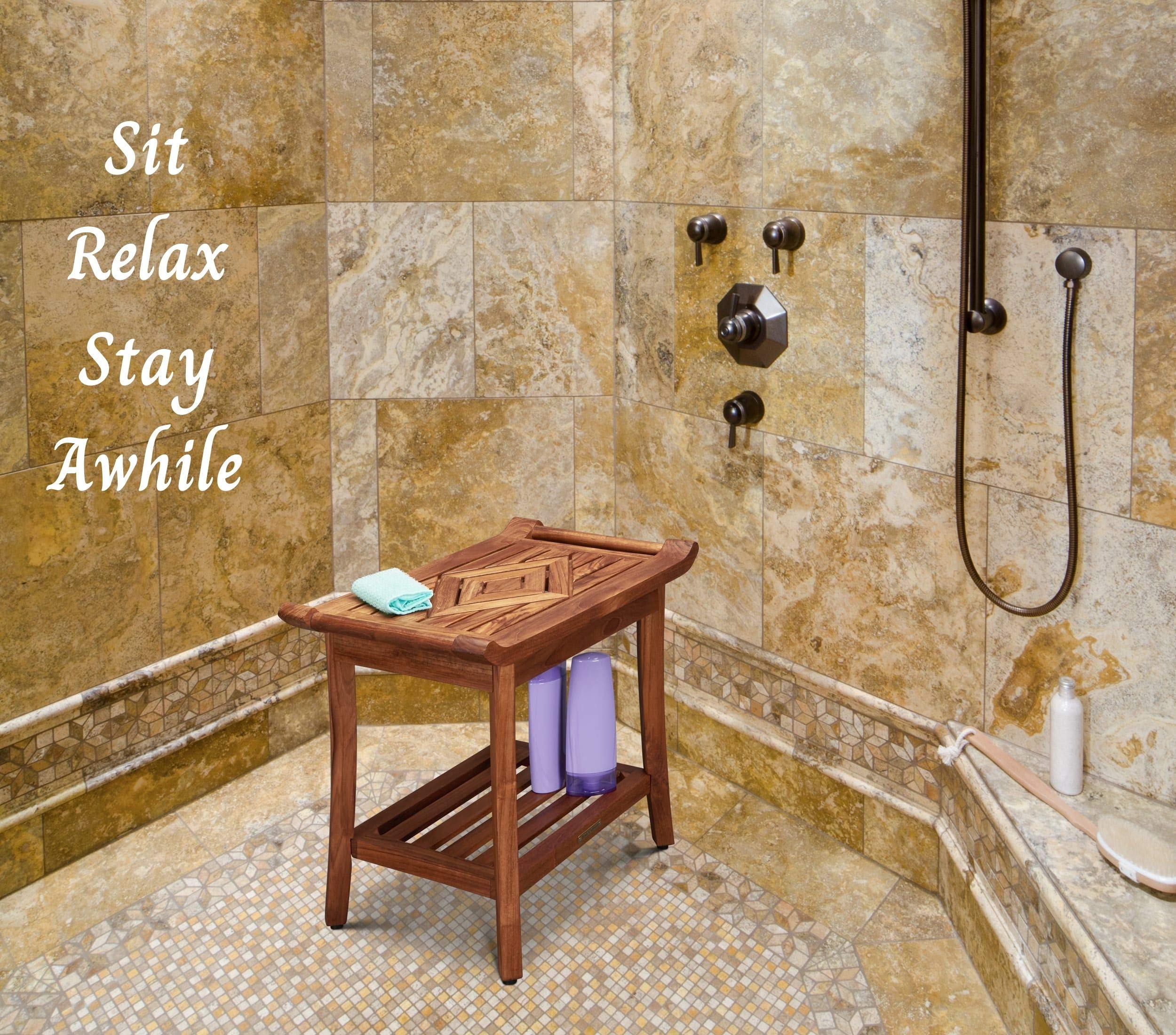 Premium Teak Shower Bench with Adjustable Leveling Feet - Waterproof Bath Stool for Spa, Sauna & Pool - 25