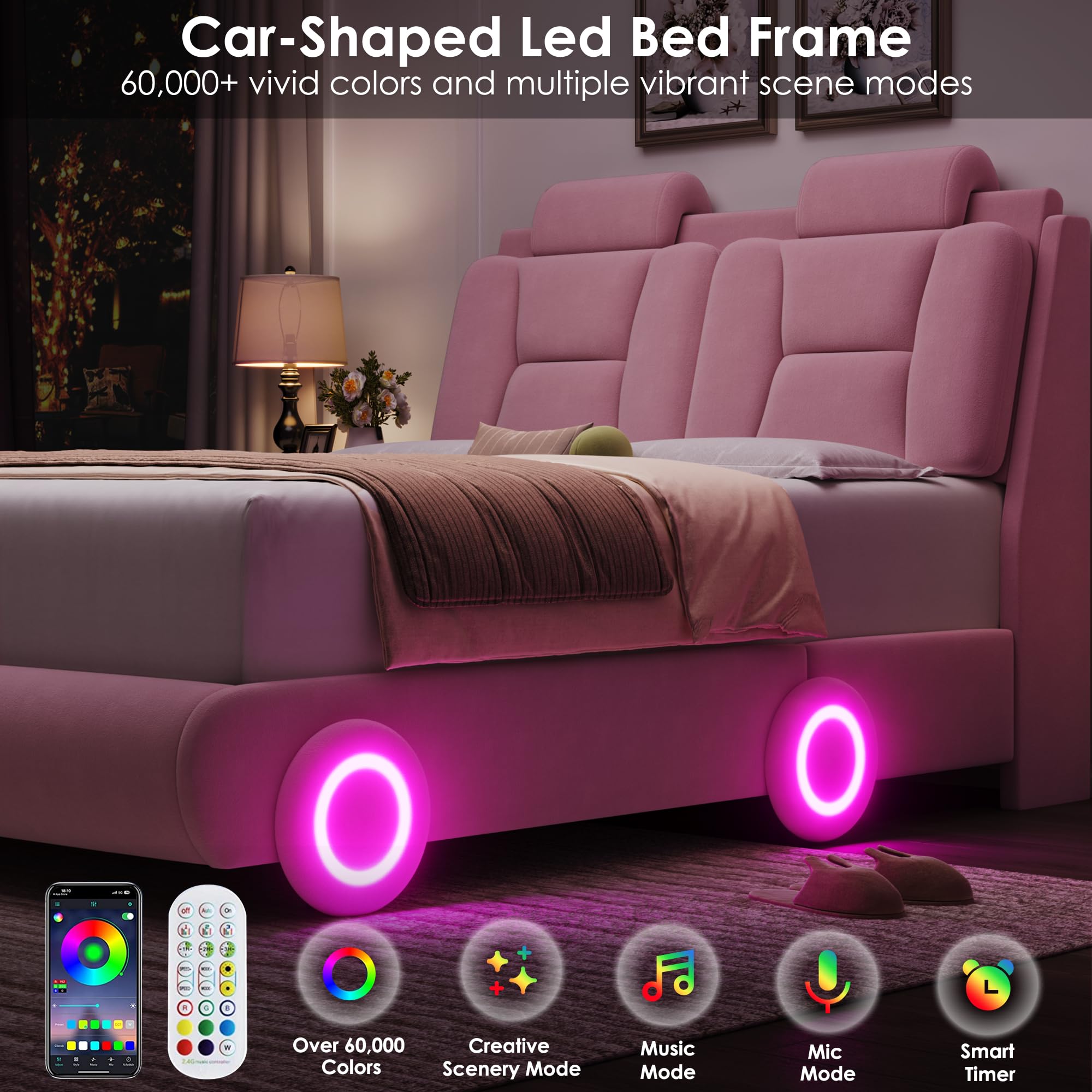 Modern Full Upholstered LED Car-Shaped Platform Bed Frame with Adjustable Curved Headboard & Wheels - Velvet Pink - Solid Wood Slat Support (No Box Spring Needed) - Perfect for Kids' Rooms, Teen Bedrooms & Themed Decor