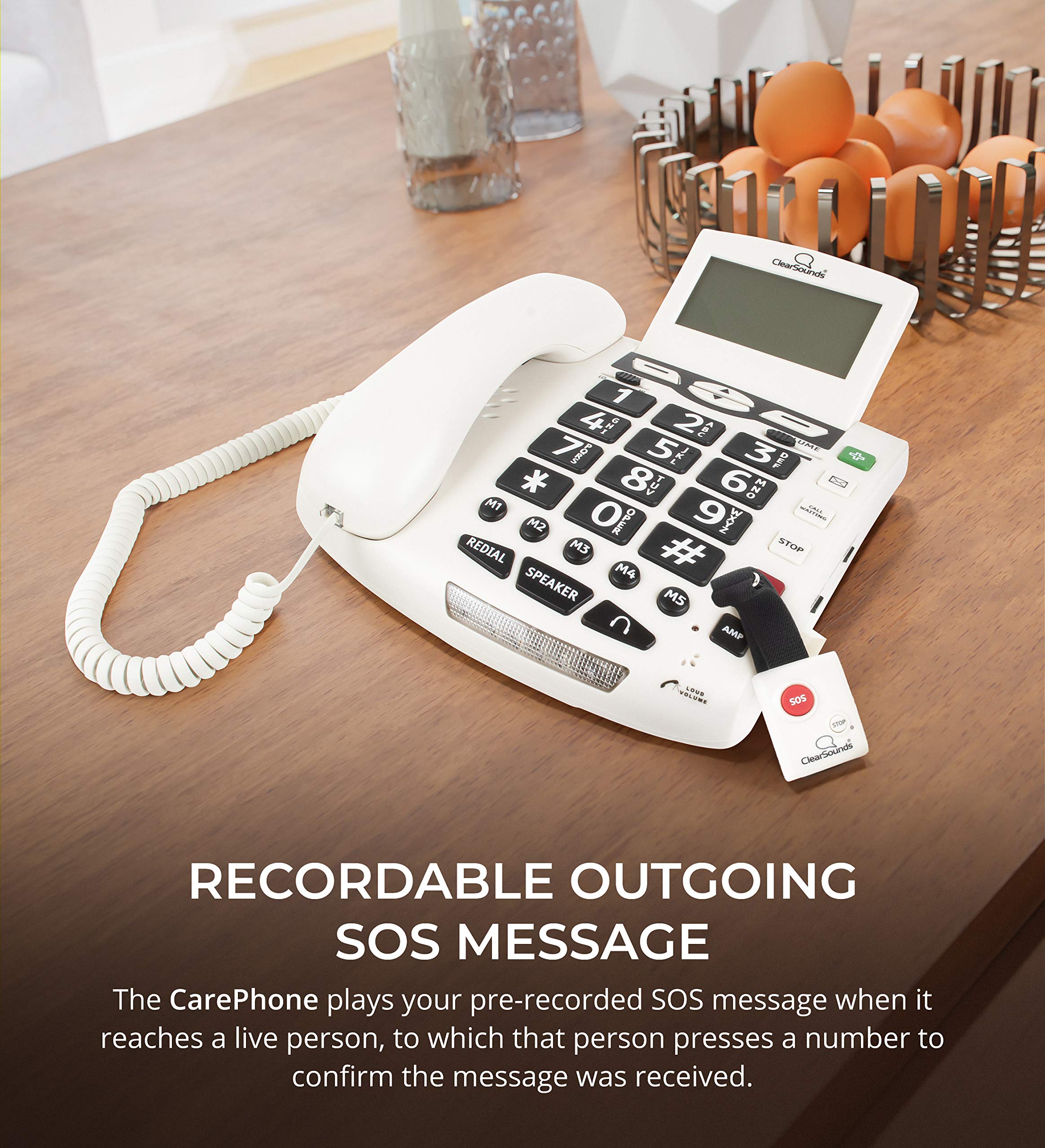 Amplified Corded Phone with Wireless SOS Alarm Pendant & Remote Audio Monitoring - Single-Line Operation, AC Powered - Ideal for Elderly Care & Home Security