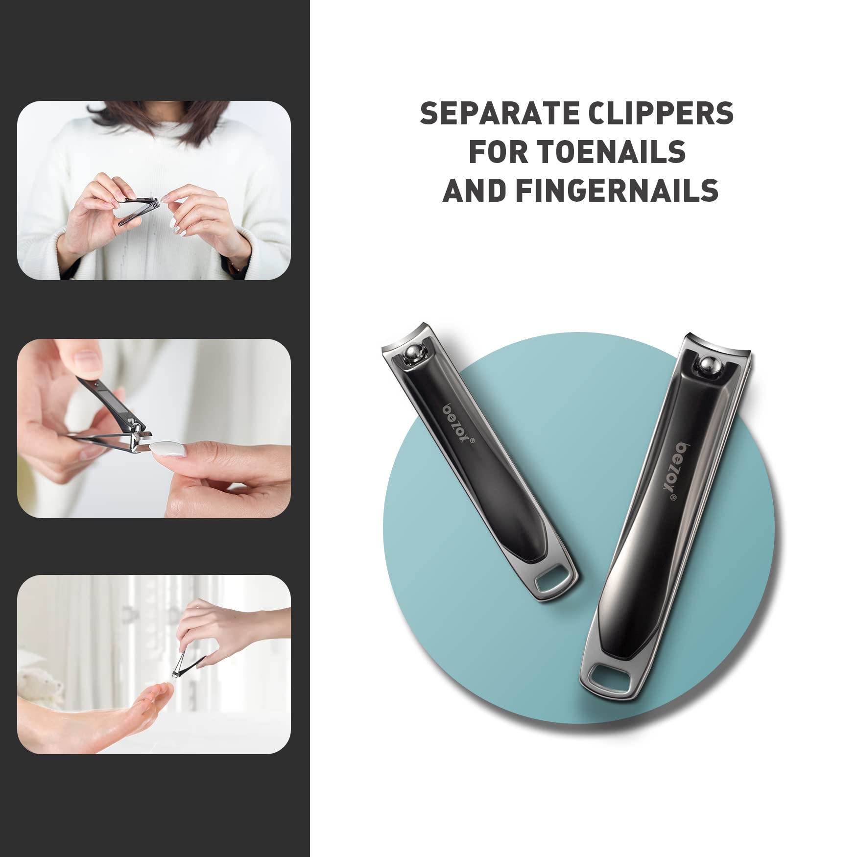 BEZOX Premium Stainless Steel Nail Clipper Set - Ultra Sharp Ergonomic Nail Cutter & File for Seniors, Adults & Kids - Perfect for Fingernails & Toenails - Ideal for Home, Travel & Grooming Kits