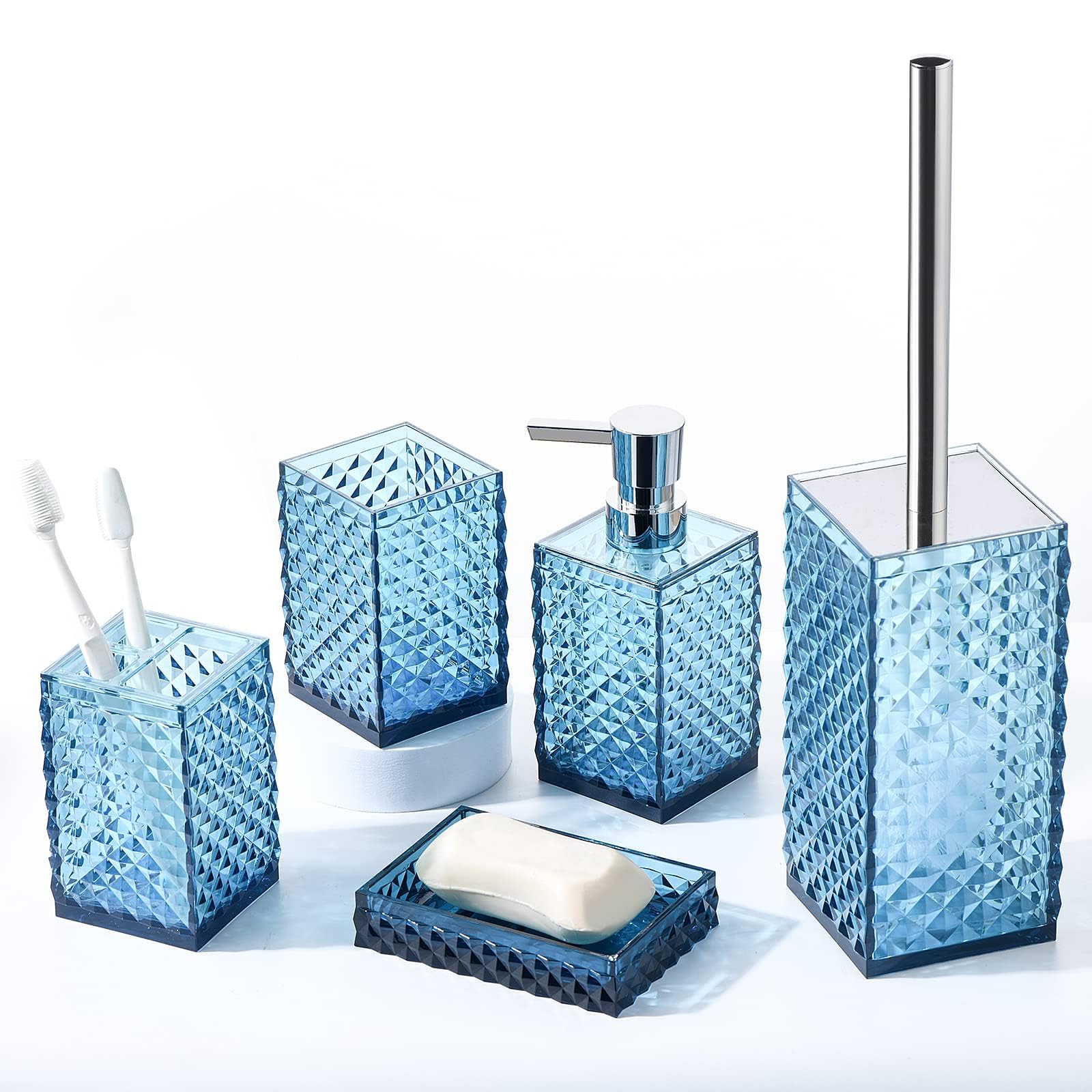 6-Piece Acrylic Bathroom Accessories Set - Toothbrush Holder, Cup, Soap Dispenser, Toilet Brush with Holder & Soap Dish | Modern Bathroom Decor | Housewarming Gift (Blue) | Perfect for Guest Bathrooms, Apartments & Home Renovations