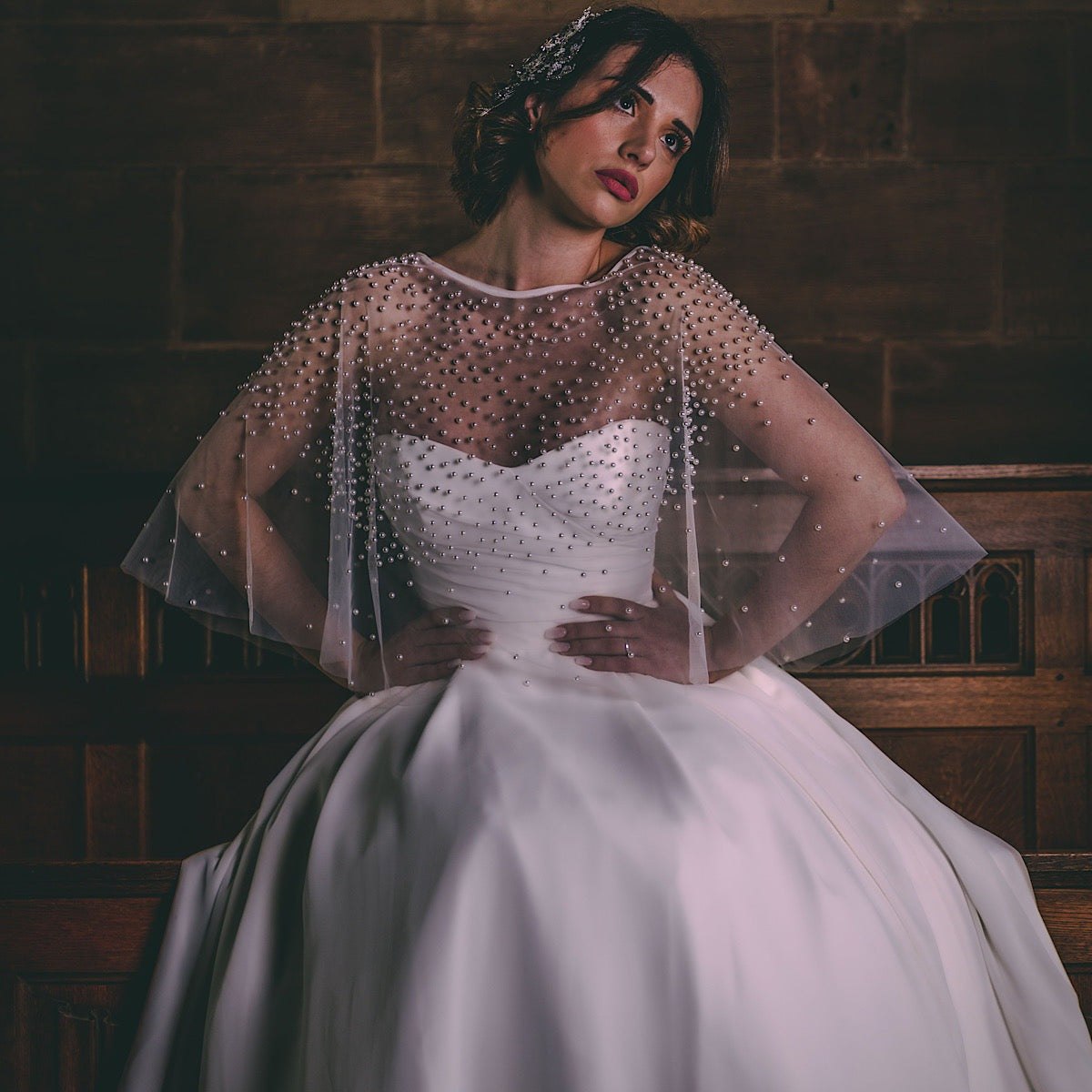 Ivory Bridal Cape with Pearl Embellishments - Elegant Tulle Wedding Veil for Brides, Photos & Ceremonies | PBC3002