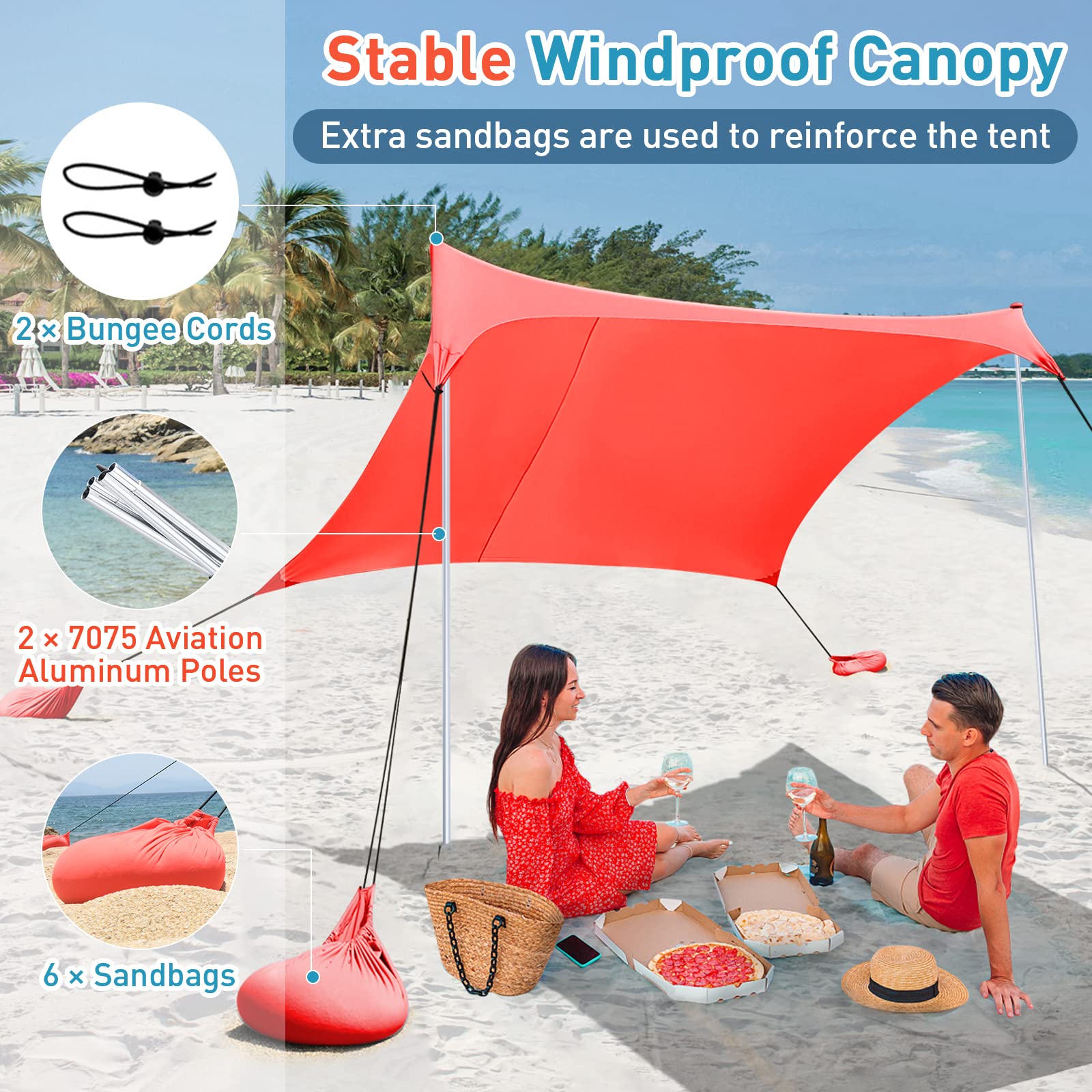 4-5 Person Pop Up Beach Tent with UPF50+ Sun Protection - Portable 7x7 Ft Sun Shelter for Camping, Fishing, Picnics & Outdoor Activities | Includes Carrying Bag (Orange, 2-Pole Design)