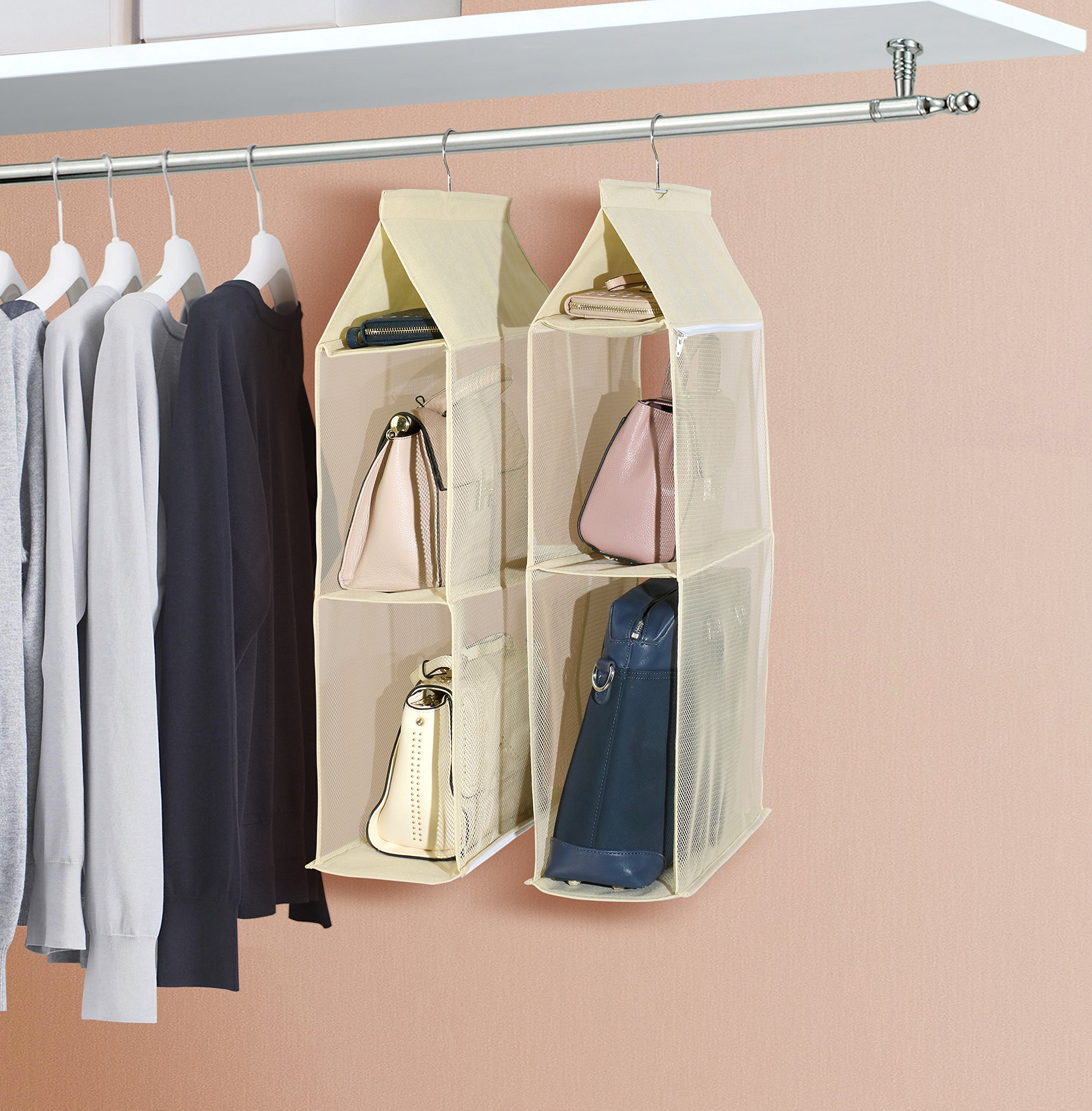 Detachable 4 Compartment Hanging Organizer Pouch - Clear Handbag & Purse Storage Holder for Wardrobe, Closet - Space Saving Organizer System for Bedroom, Living Room & Home Use (Beige) | Perfect for Travel, Office & Daily Organization